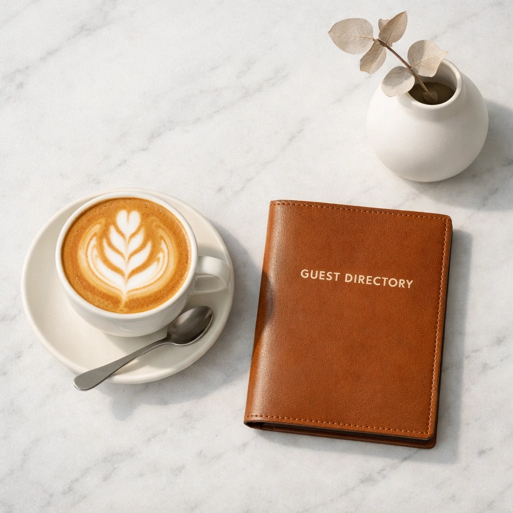 A minimalist cafe setting with coffee and a guest directory, representing high-touch hospitality and automation.