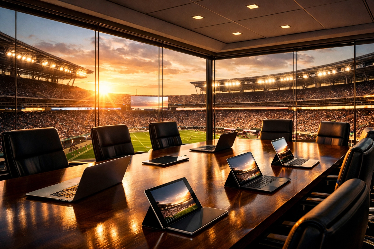 Executive boardroom overlooking a stadium, symbolizing strategic Fortune 100 brand planning for Super Bowl NIL.