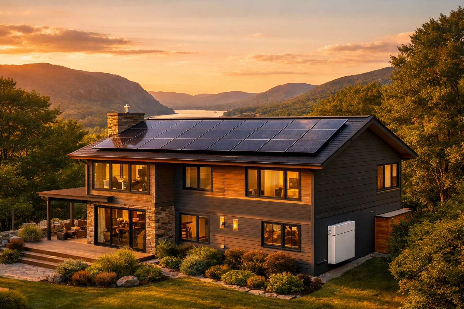 Westchester home with rooftop solar panels and battery storage in Hudson Valley