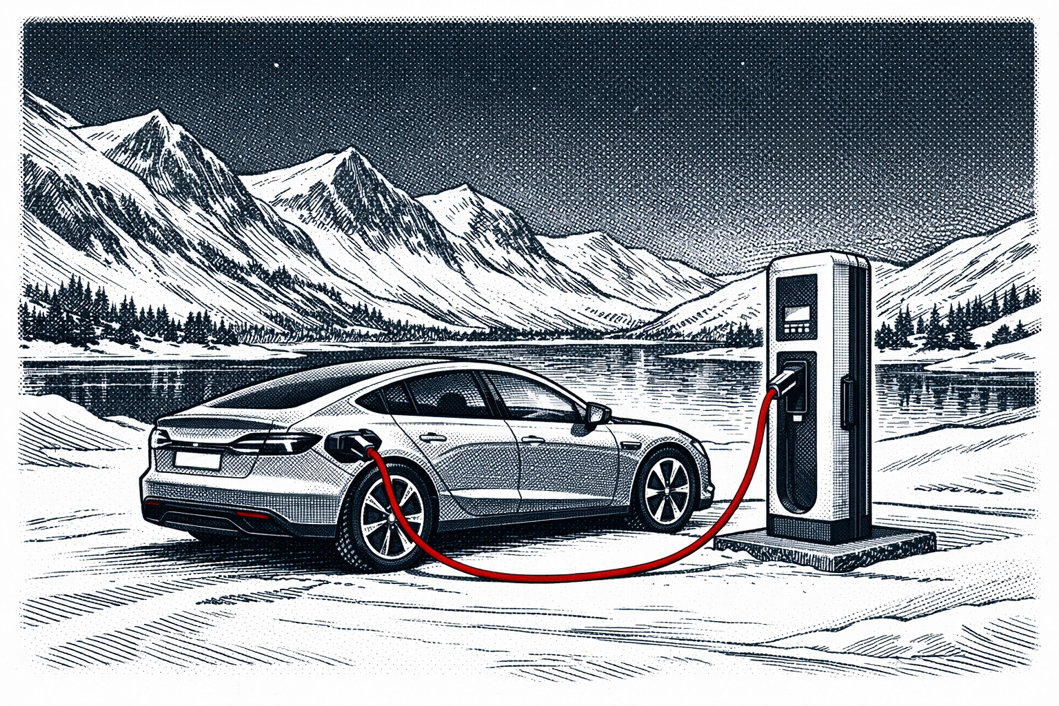Electric vehicle charging at station in Norwegian winter landscape with snow-covered mountains