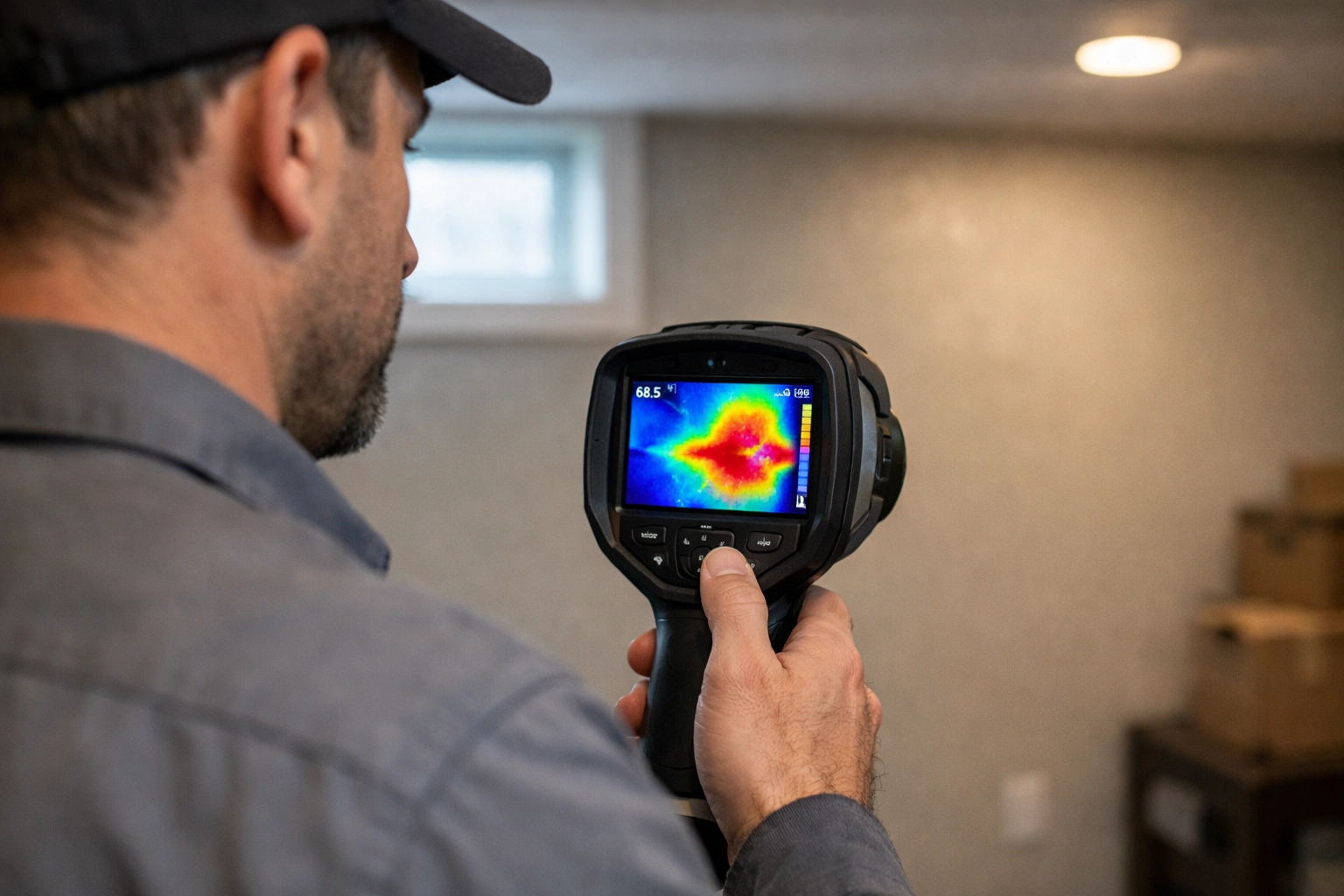 Home inspector using thermal imaging camera to detect hidden moisture in wall
