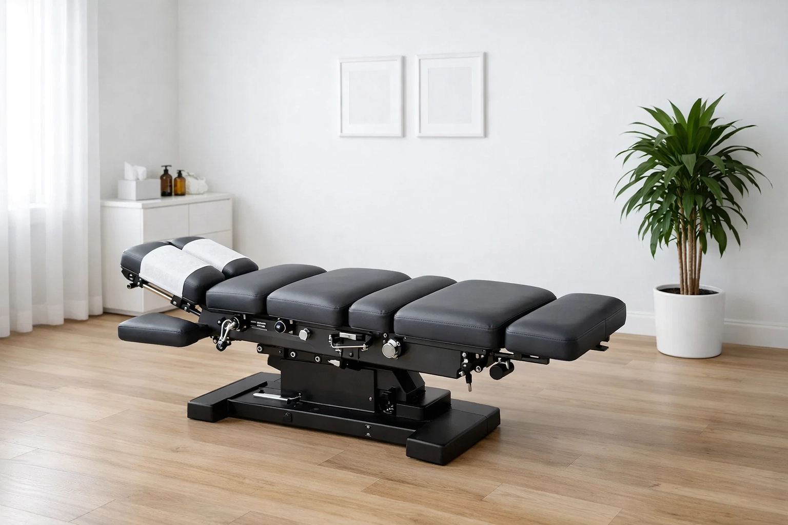 Modern minimalist chiropractic adjustment room where doctors focus on patients while experts manage digital marketing.