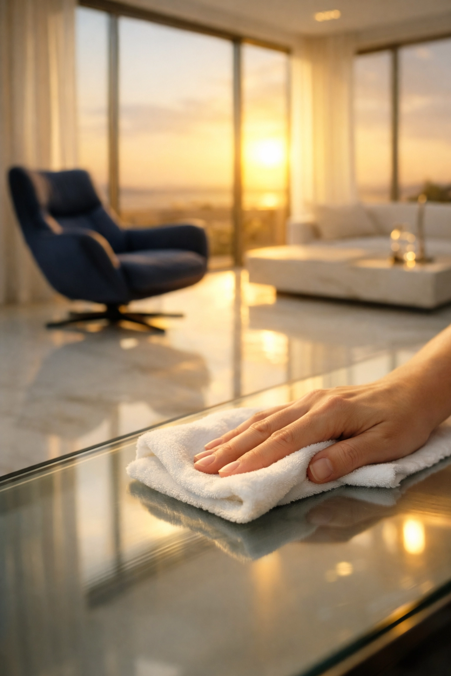 A hand mindfully cleaning a glass surface with a white microfiber cloth in a sunlit living room.
