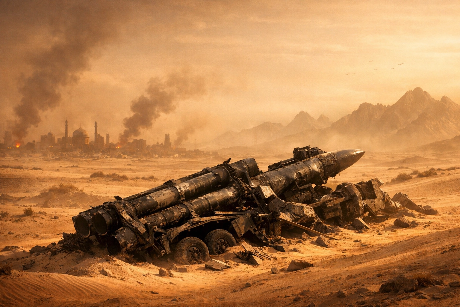 Destroyed missile launcher in an Iranian desert landscape during the ongoing military conflict.