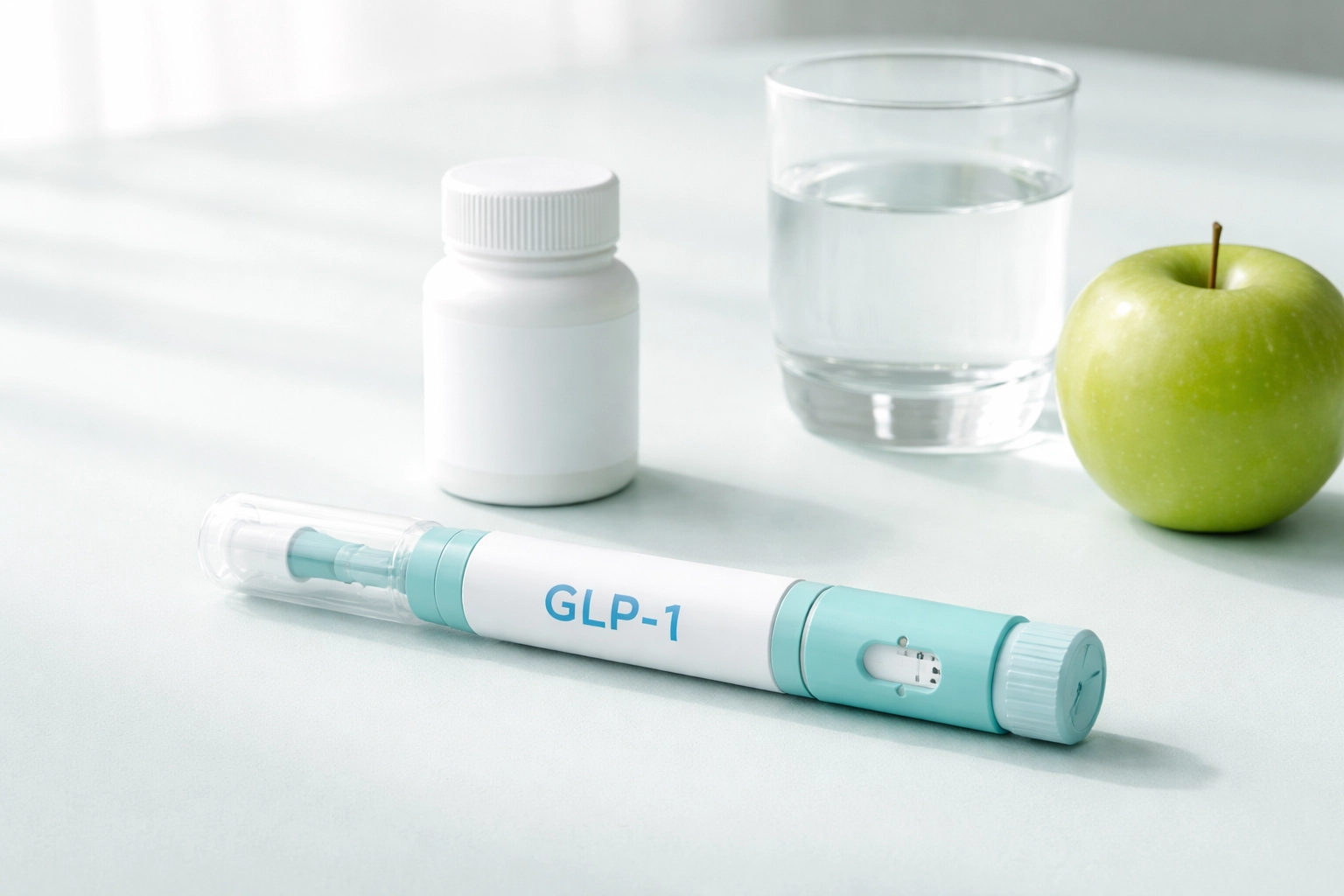 GLP-1 injection pen and prescription pill bottle on a clean surface, illustrating modern medical weight loss options