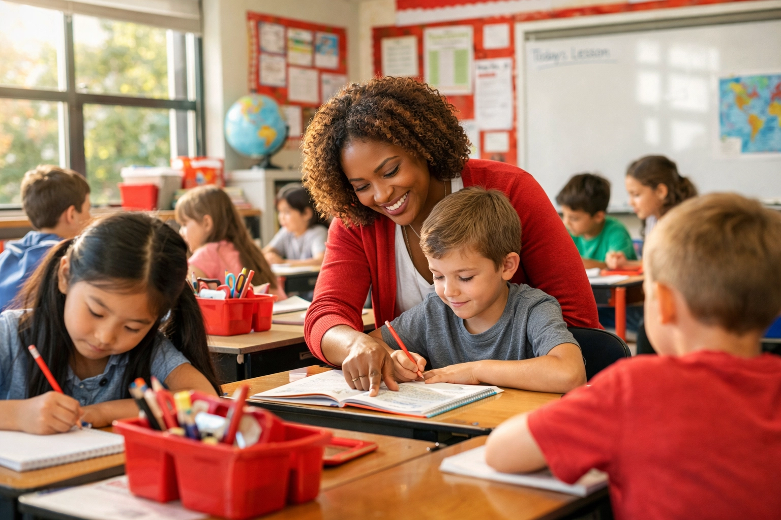 Educational assistant helping students in Alberta classroom with specialized learning support