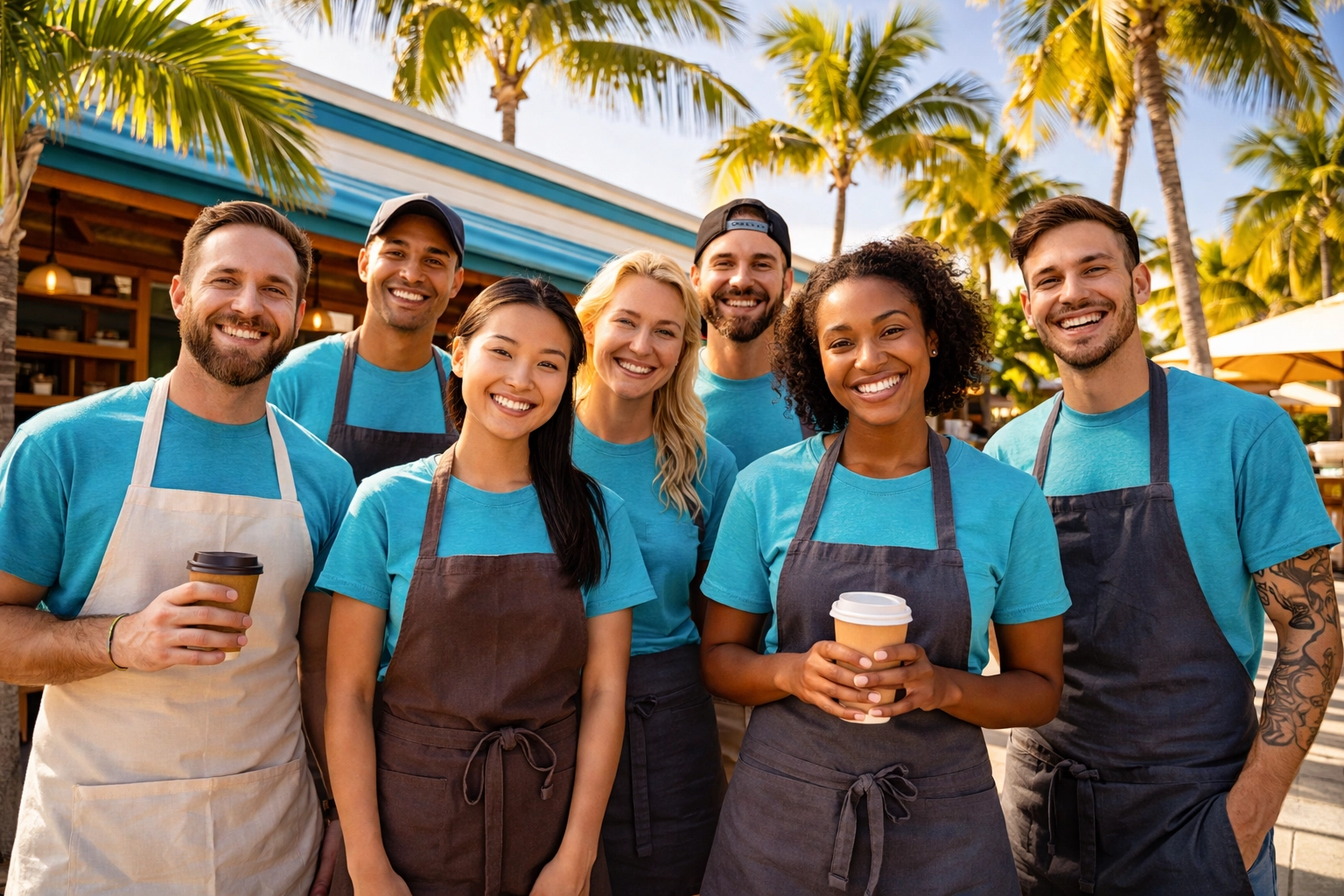 A group of Kona restaurant staff in matching custom t-shirts outside a Hawaiian cafe, demonstrating team unity and local branding.