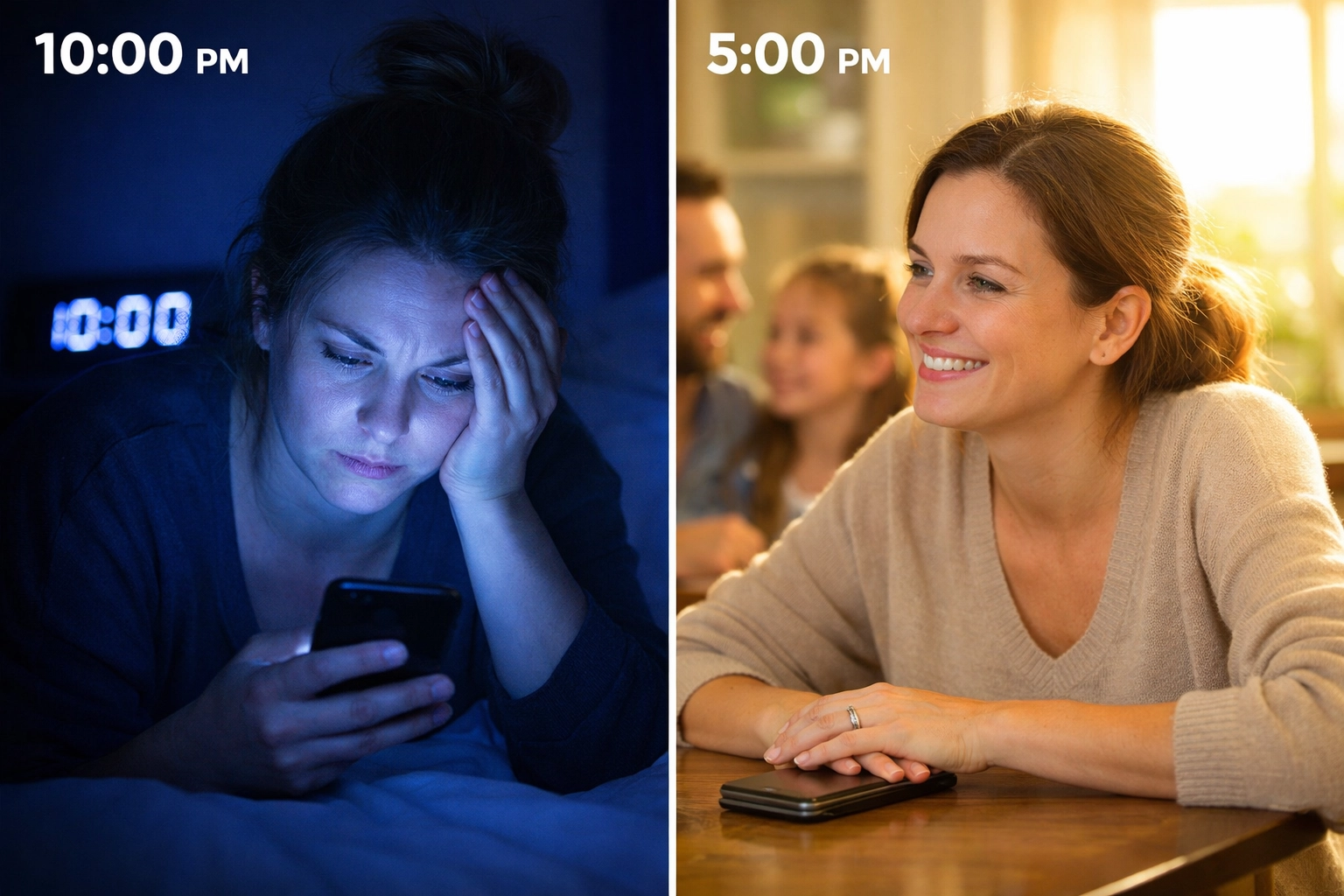 Contrast between stressed late-night news scrolling and peaceful 5 PM family engagement