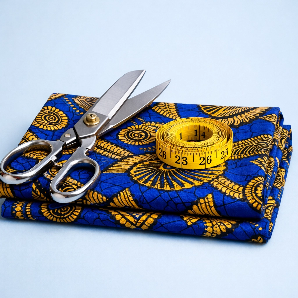 Tailoring shears and a measuring tape on premium Ankara fabric, showing the craftsmanship at Deright Fashion Store.