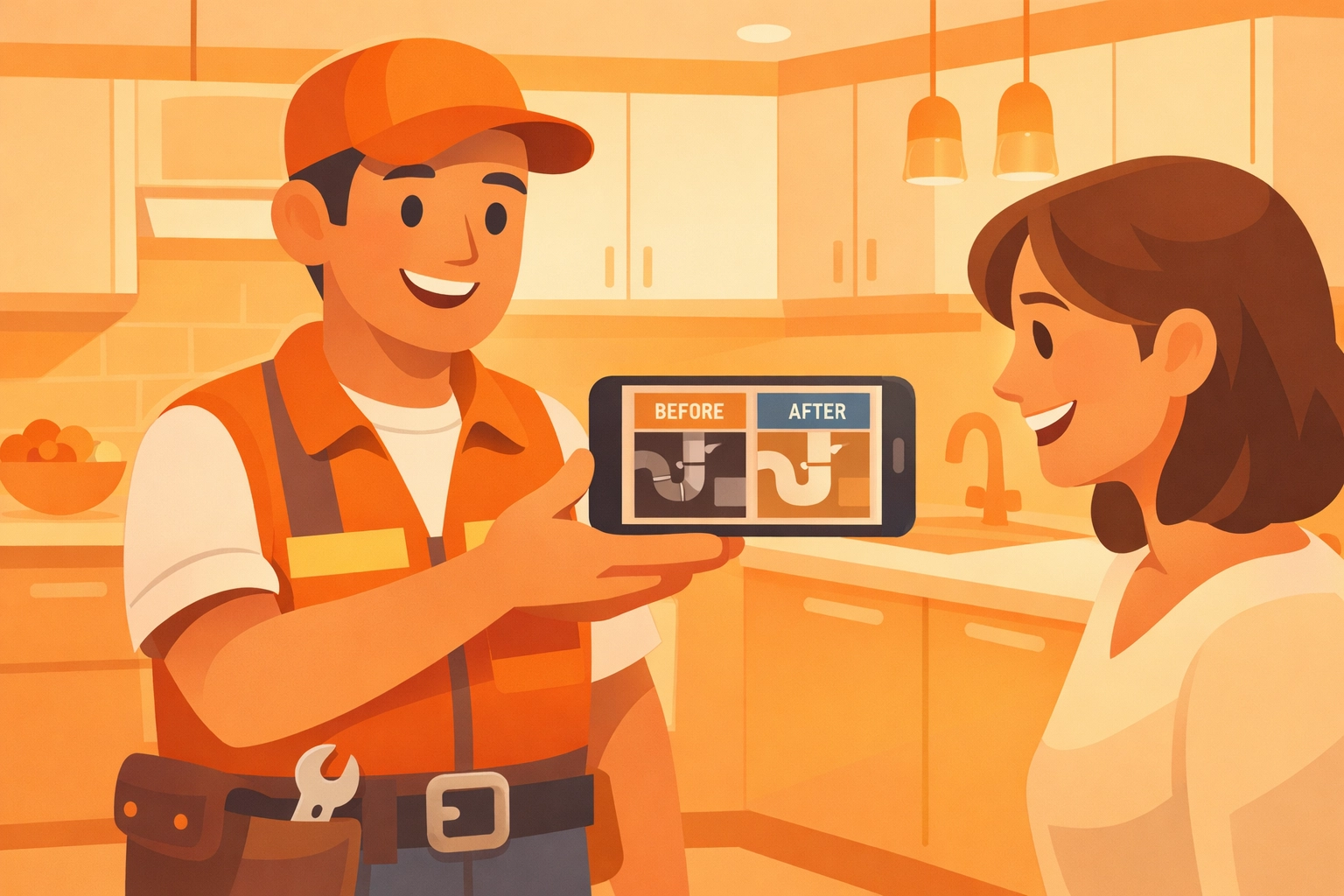 Contractor showing a client a before and after photo comparison on a smartphone for project documentation.