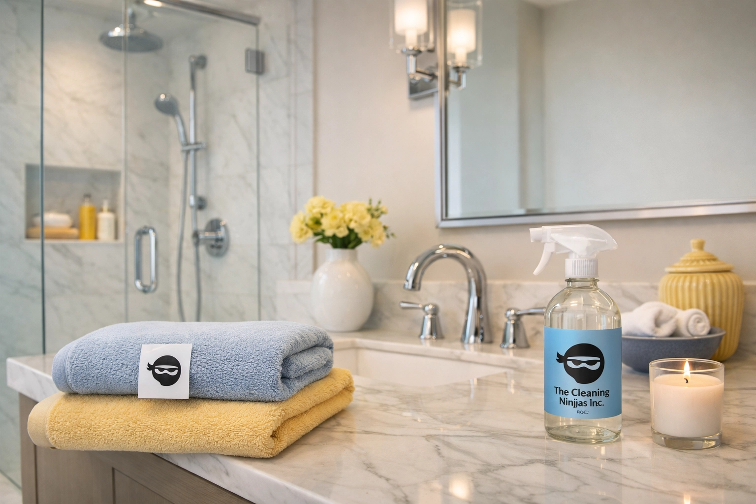 Pristine chrome bathroom fixtures and marble tile maintained by The Cleaning Ninjas weekly house cleaning.