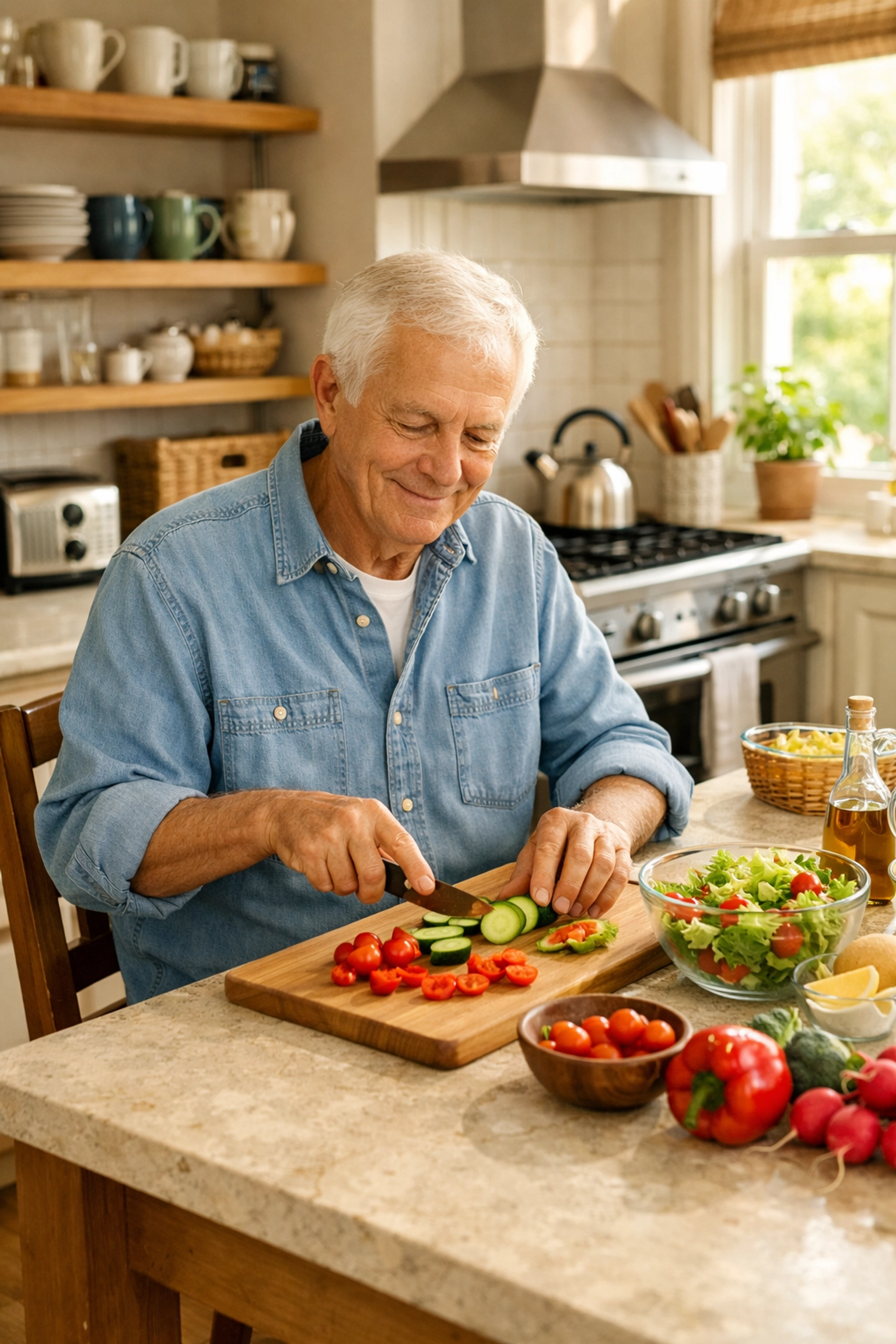 Senior man sitting at a kitchen island preparing food to avoid fatigue and maintain balance.
