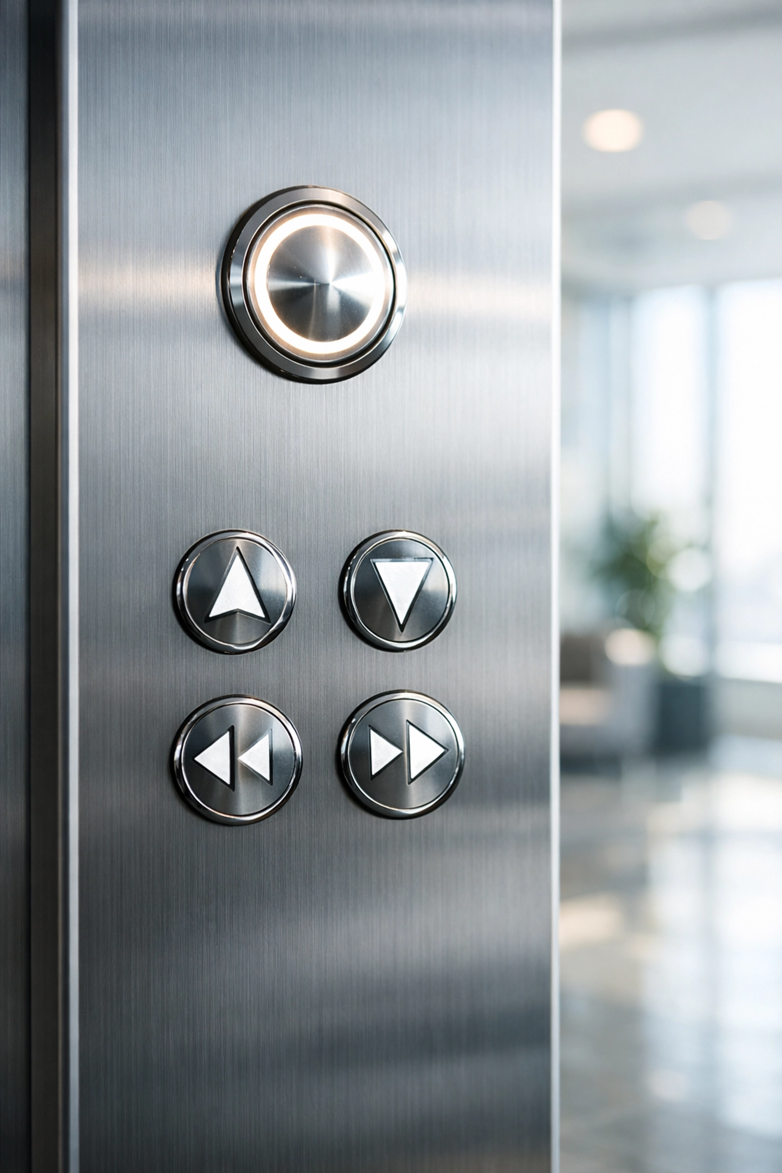 Clean brushed-metal elevator buttons in a modern Chicago office lobby representing high-touch surface sanitation.