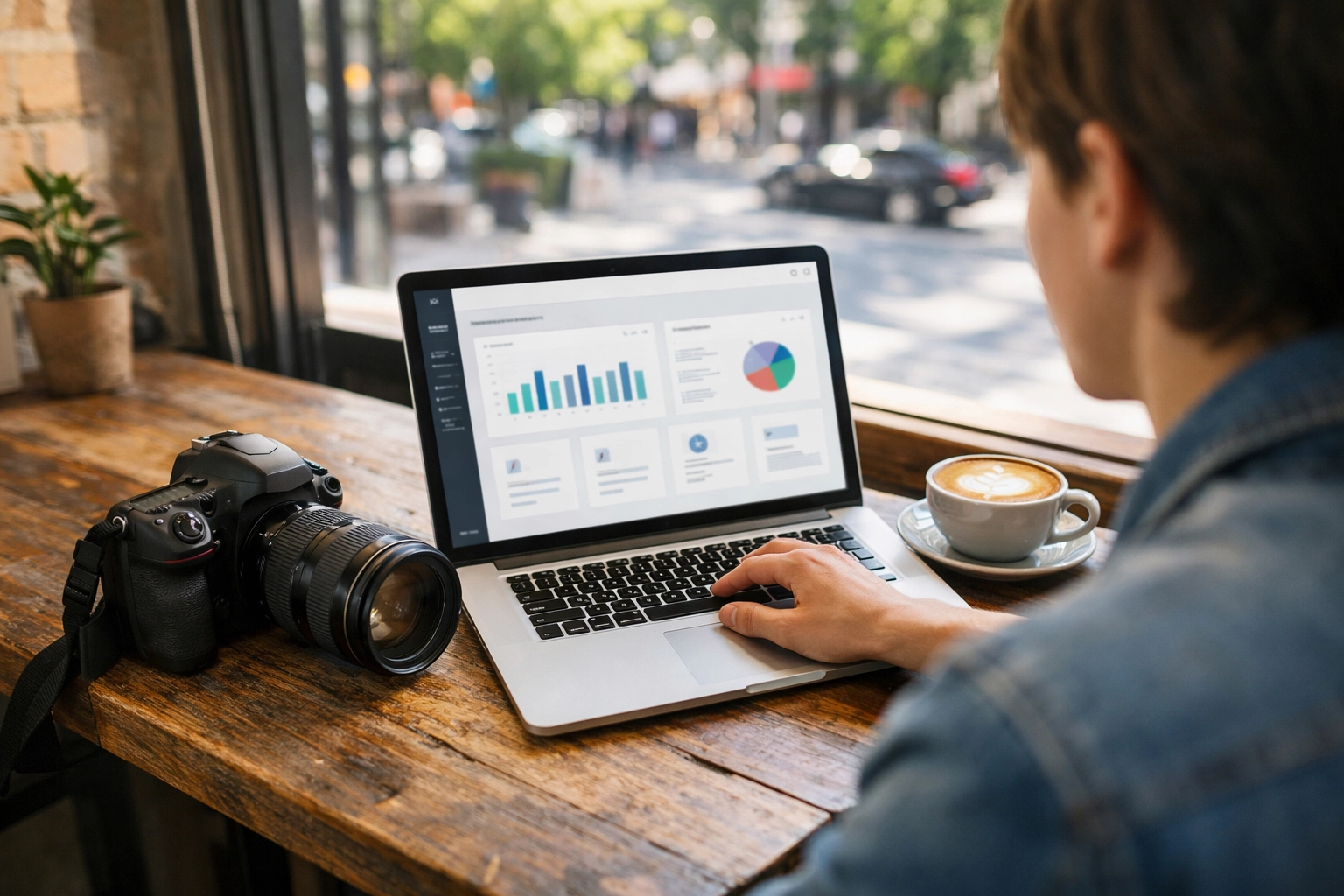 Photographer using ProShoot.io as a mobile office to manage client bookings in a bright urban cafe.