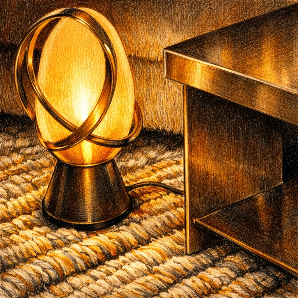 High-end hospitality decor featuring a sculptural lamp, bronze table, and textured silk rug.