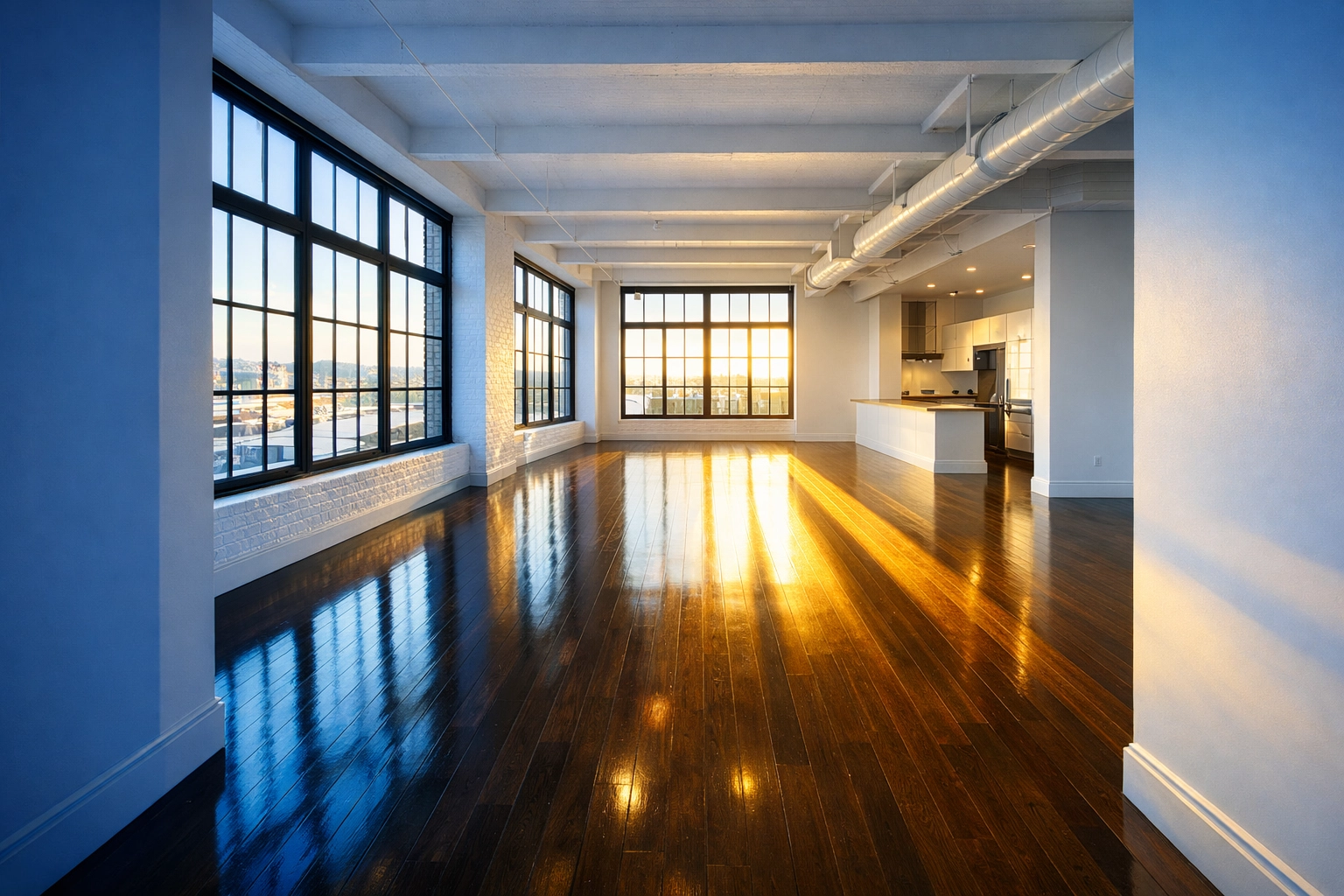 A sun-drenched, empty Seaport loft with clean hardwood floors ready for a move-out inspection in Boston.