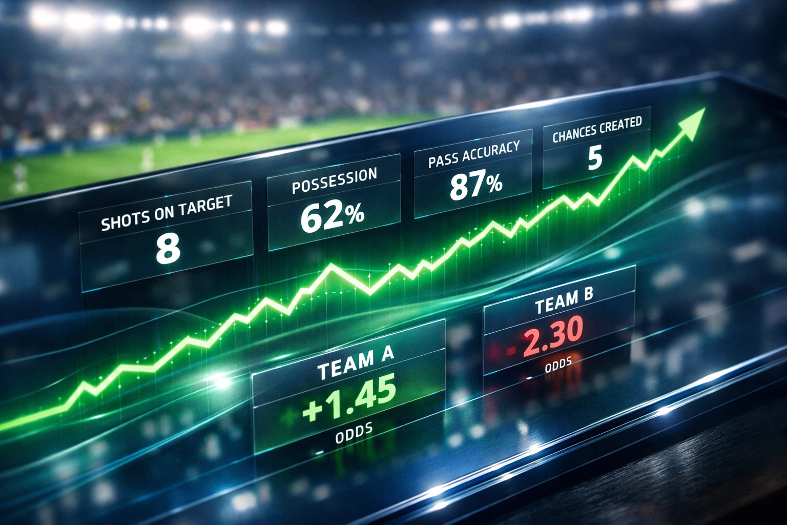 Digital dashboard showing real-time football stats and xG trends for AI in-play betting.
