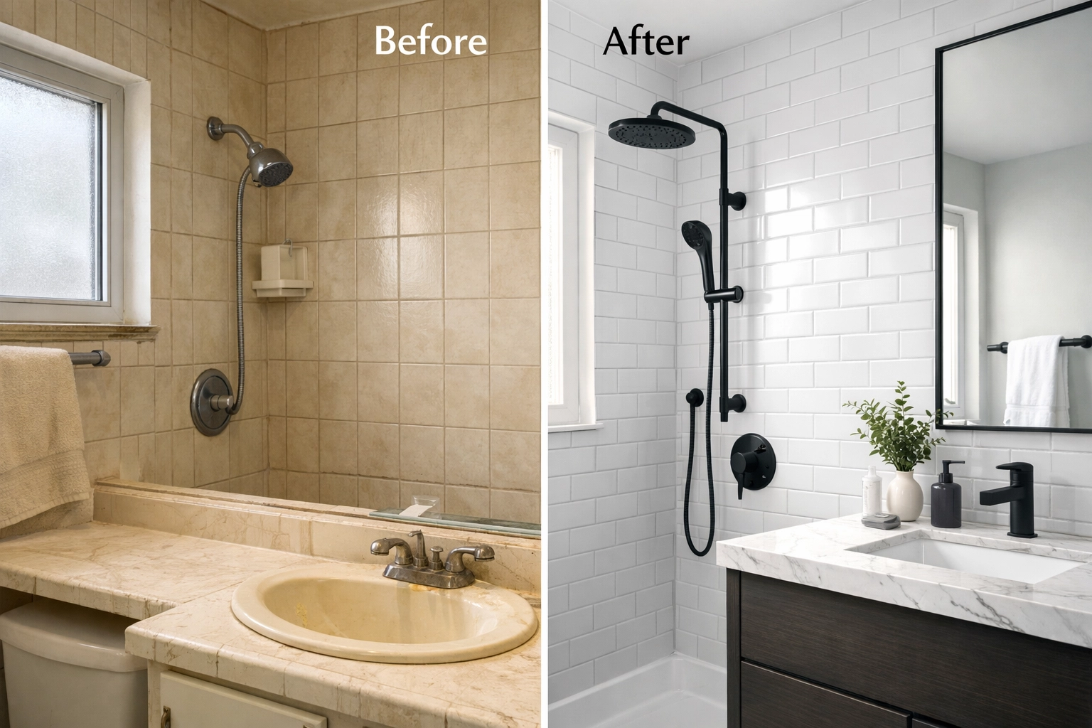Before and after bathroom remodeling Orlando showing ROI transformation