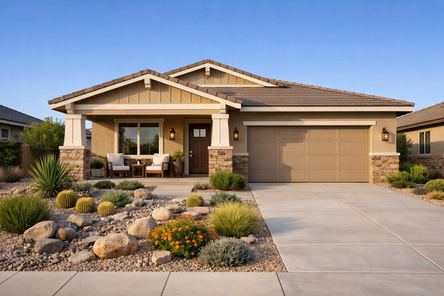 Single-story home in Sun City Roseville with low-maintenance landscaping and modern design