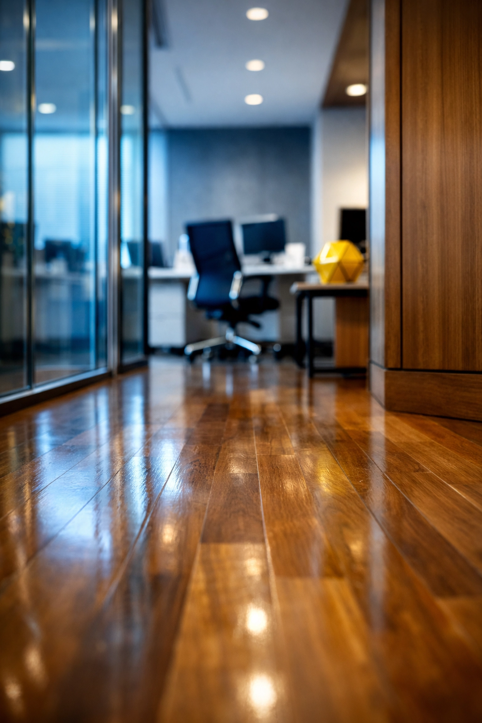 Professionally maintained hardwood office corridor in Stoneham showing high-quality commercial maintenance and floor care.