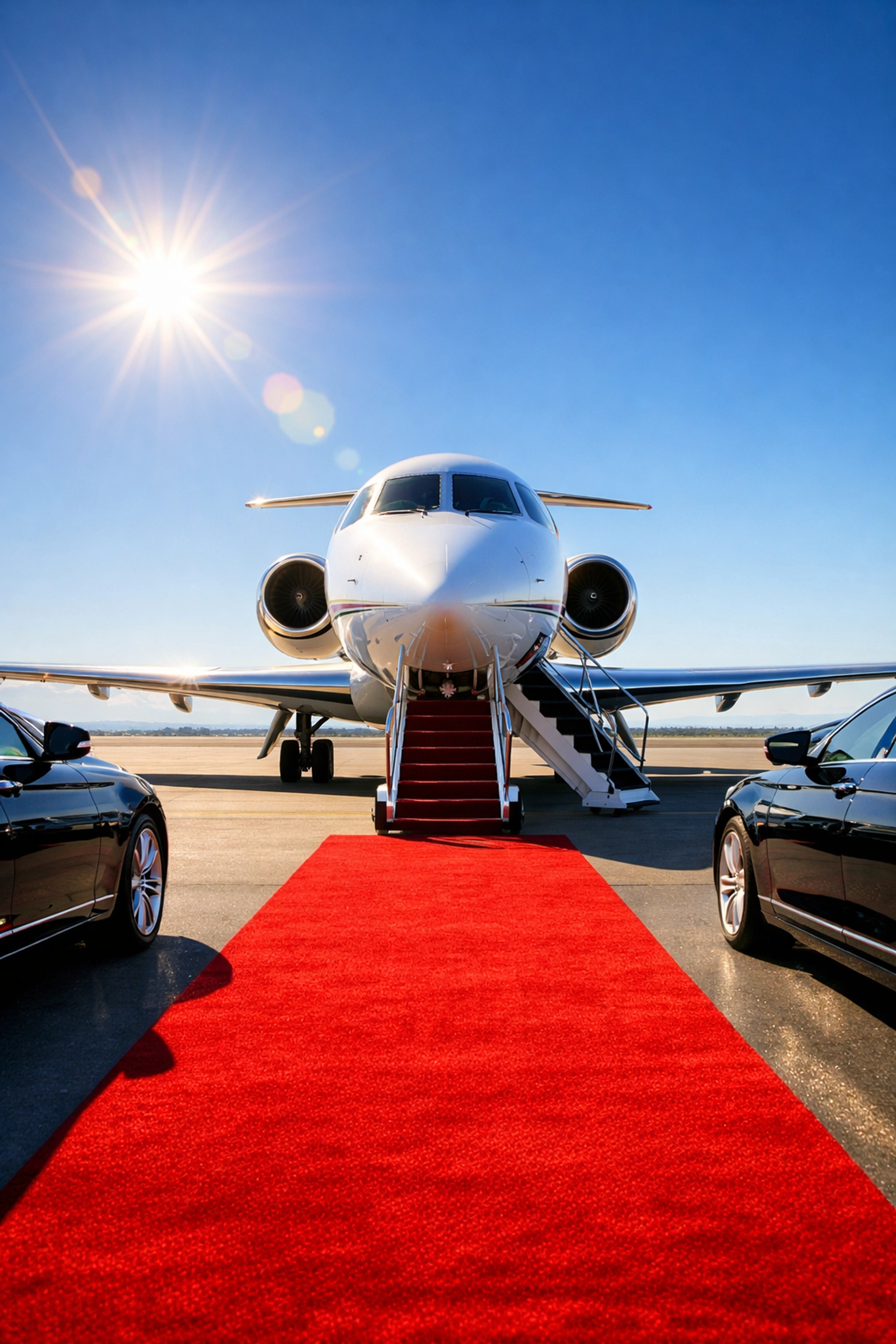 Private jet and executive sedans on a tarmac representing premium Super Bowl corporate travel services.