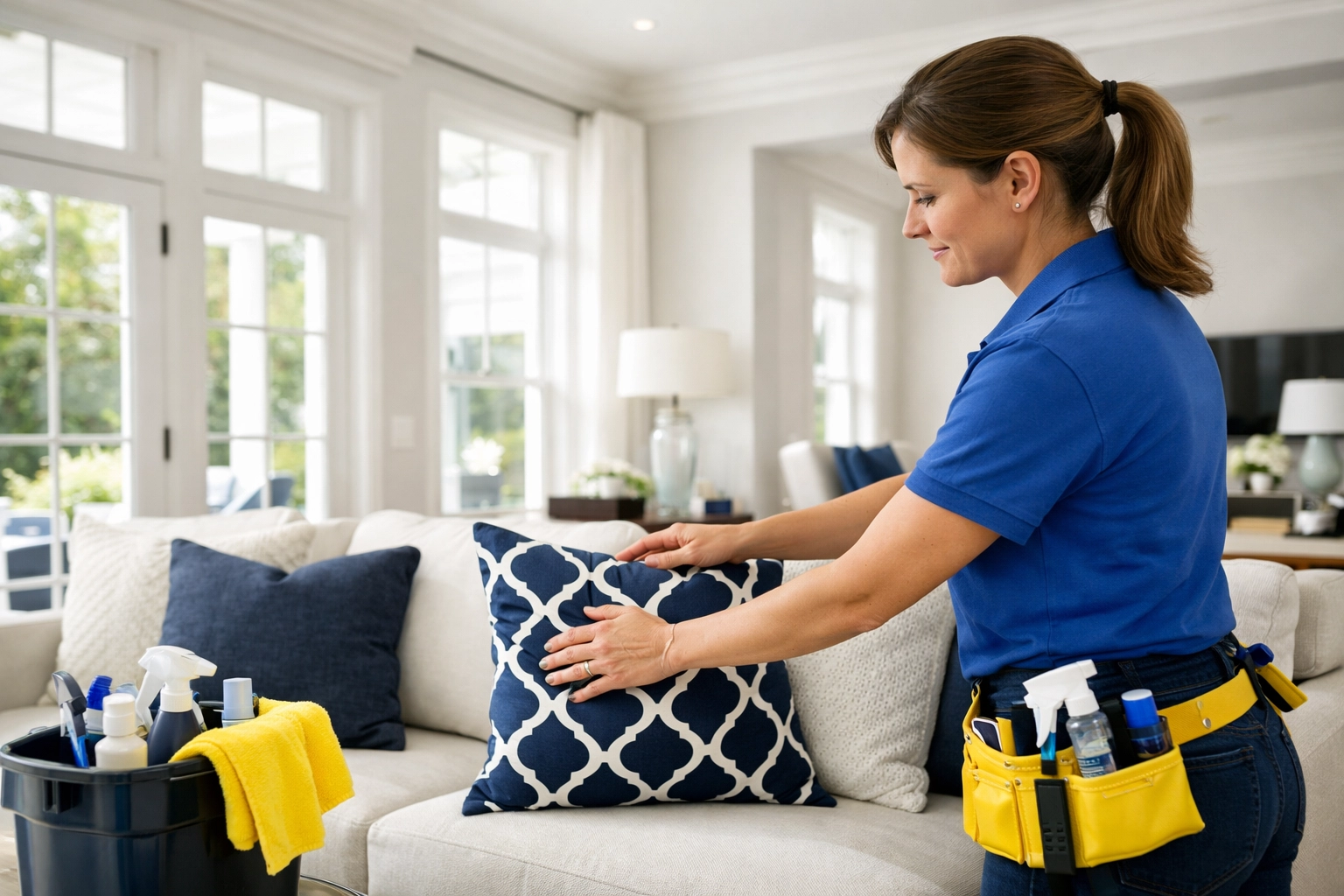 A professional maid service Worcester team member tidying a modern, sun-drenched living room.