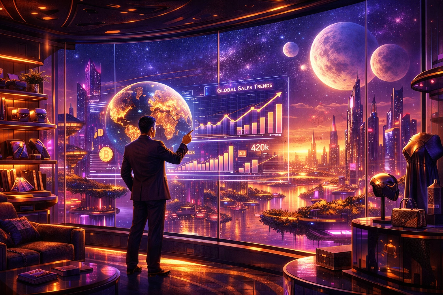 Futuristic metaverse boutique merchant using sales analytics for global Web3 commerce and payments.