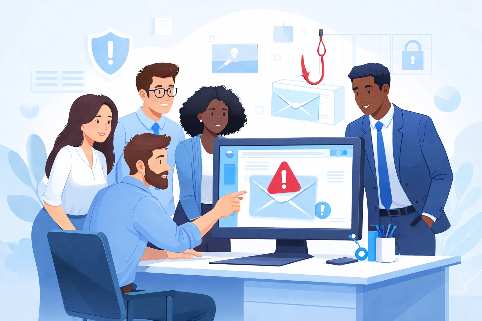 Employees gathered around a computer learning to spot phishing emails during cybersecurity training
