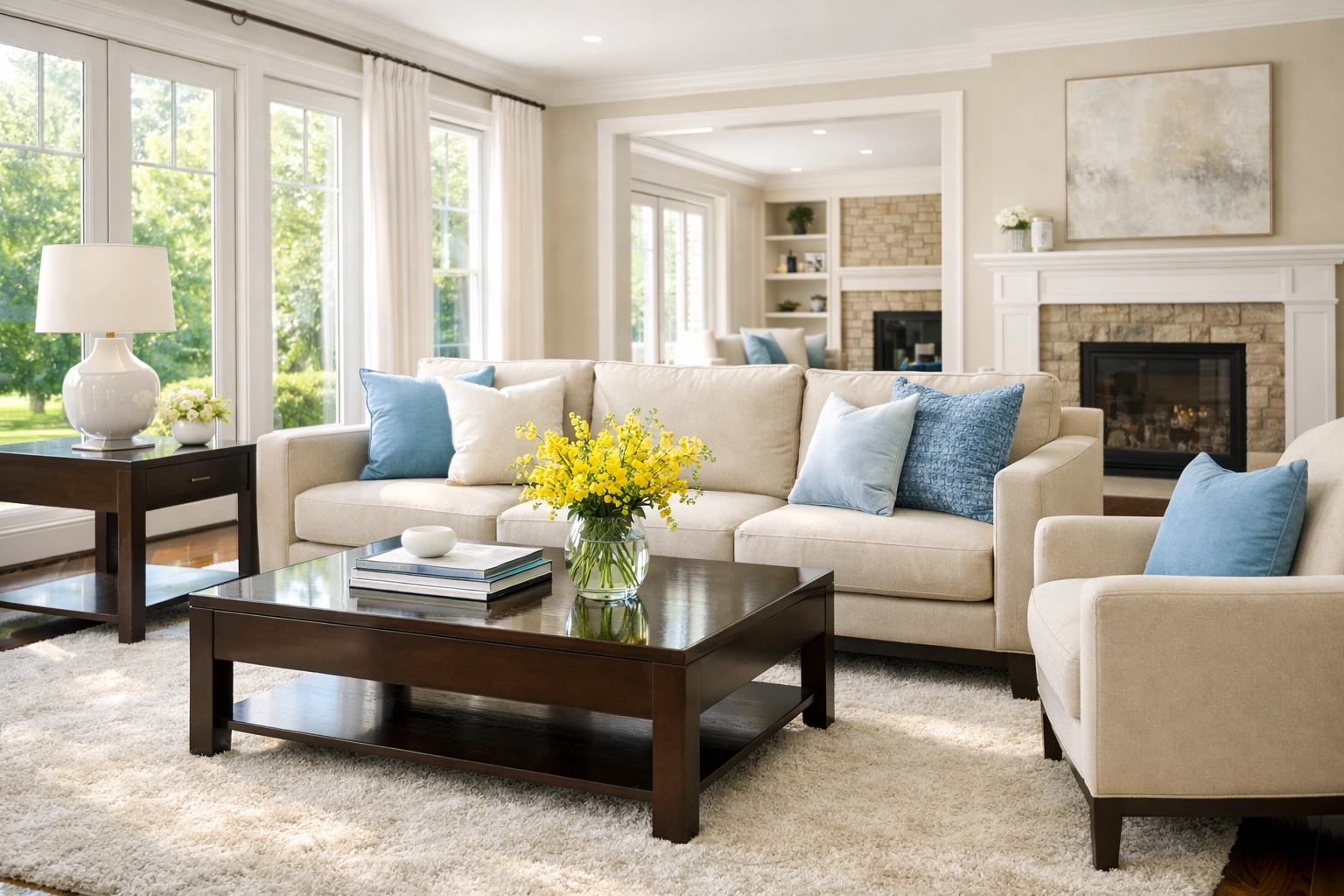 Pristine sunlit living room in Lincoln MA, perfectly dusted and vacuumed by a house cleaning service.