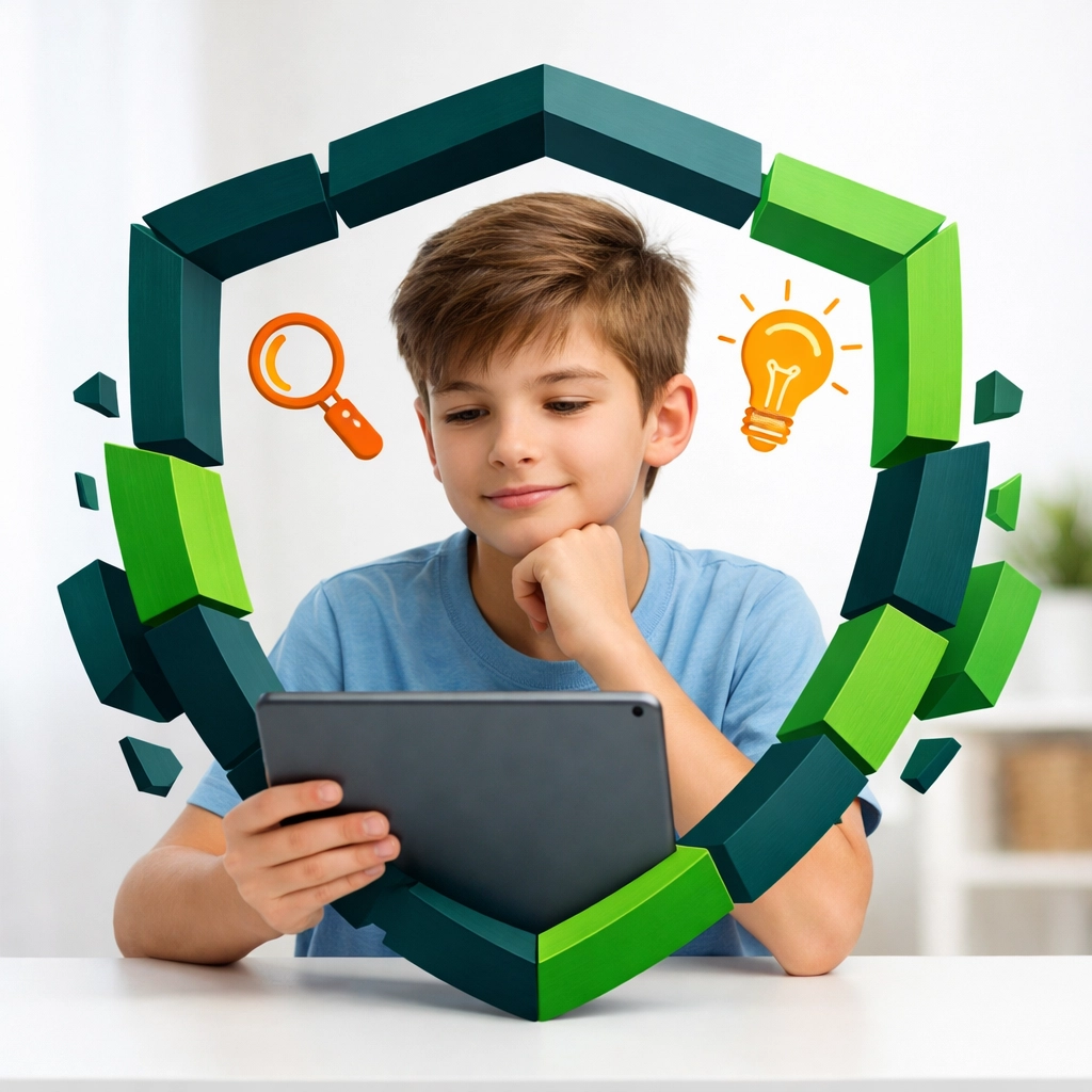 Boy using a tablet with focus, illustrating digital safety and discernment within a faith-based framework.