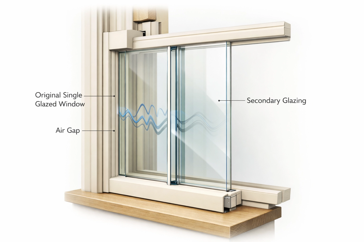 Cross-section showing secondary glazing layers with air gap for acoustic soundproofing