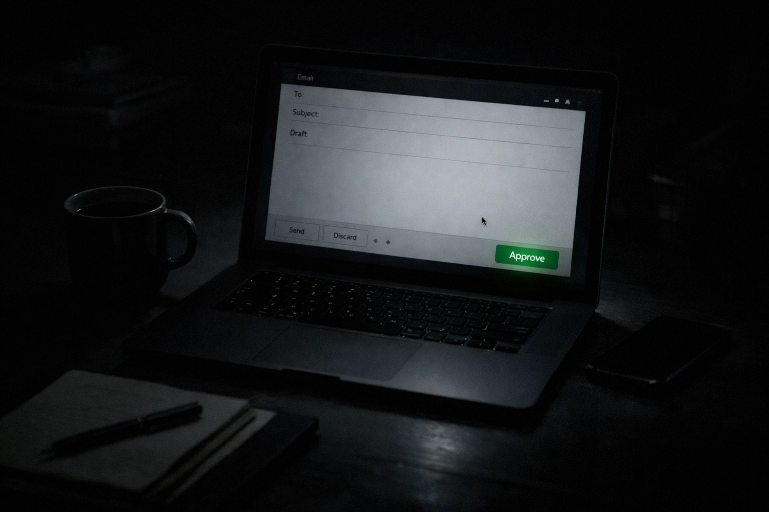 Founder reviewing AI SDR email draft at night with human approval workflow on laptop screen