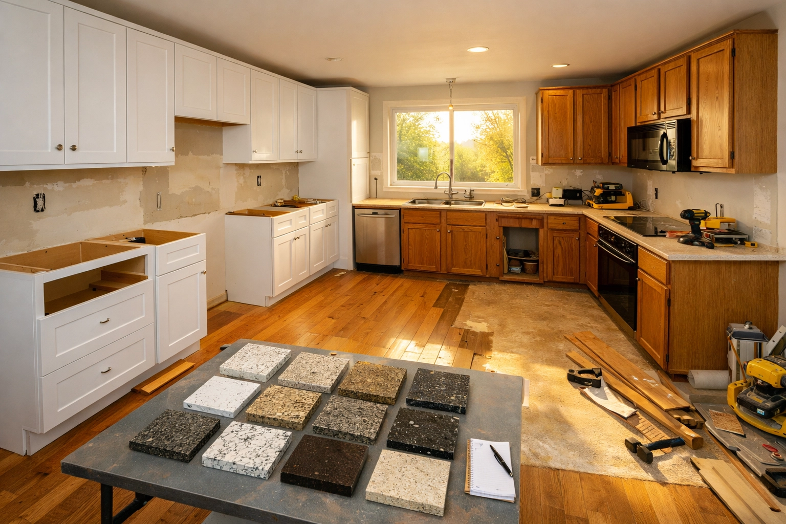 Kitchen remodel in progress showing cabinet installation and countertop samples in Central Ohio home