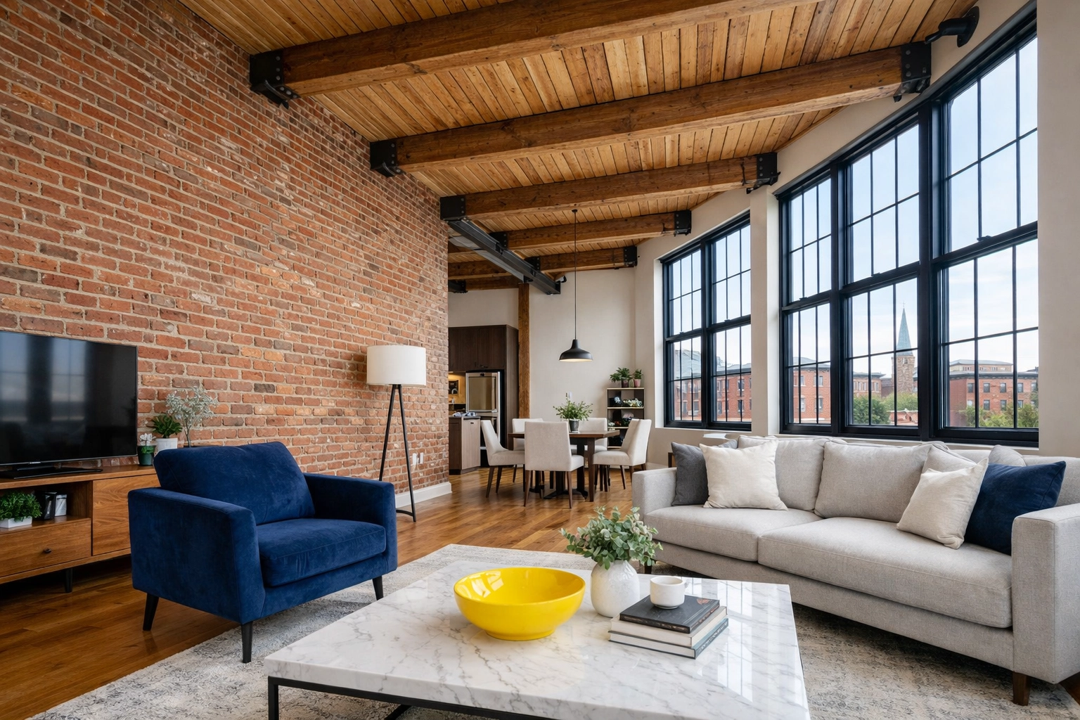 Clean industrial loft in Lowell MA highlighting professional maid services Lowell for historic homes.