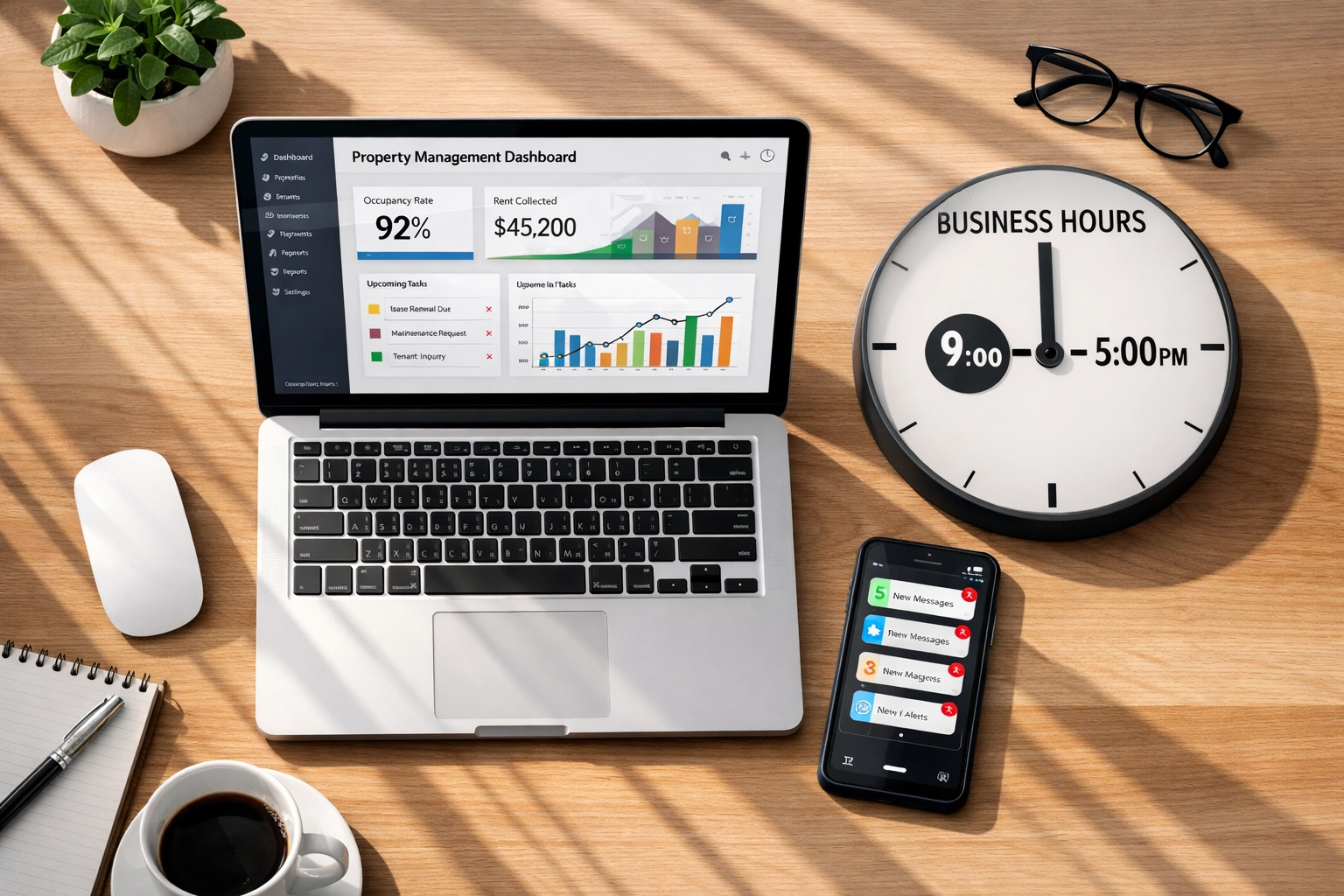 Property management desk with laptop and phone tracking rental inquiry response times