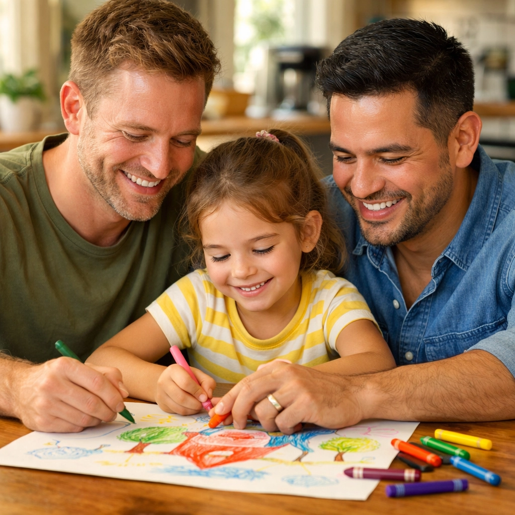 Two gay fathers and their daughter drawing at a table, showing cooperative queer co-parenting after separation.
