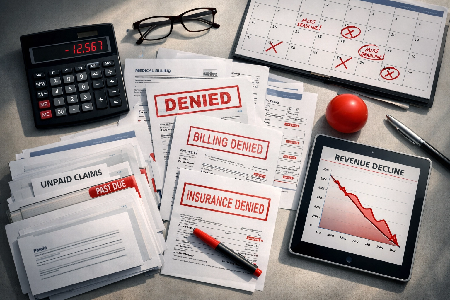 Your Biller Promised "100% AI" : So Why Is Your Denial Rate Climbing? Physical therapy billing denial notices and declining revenue graph showing hidden costs to clinics