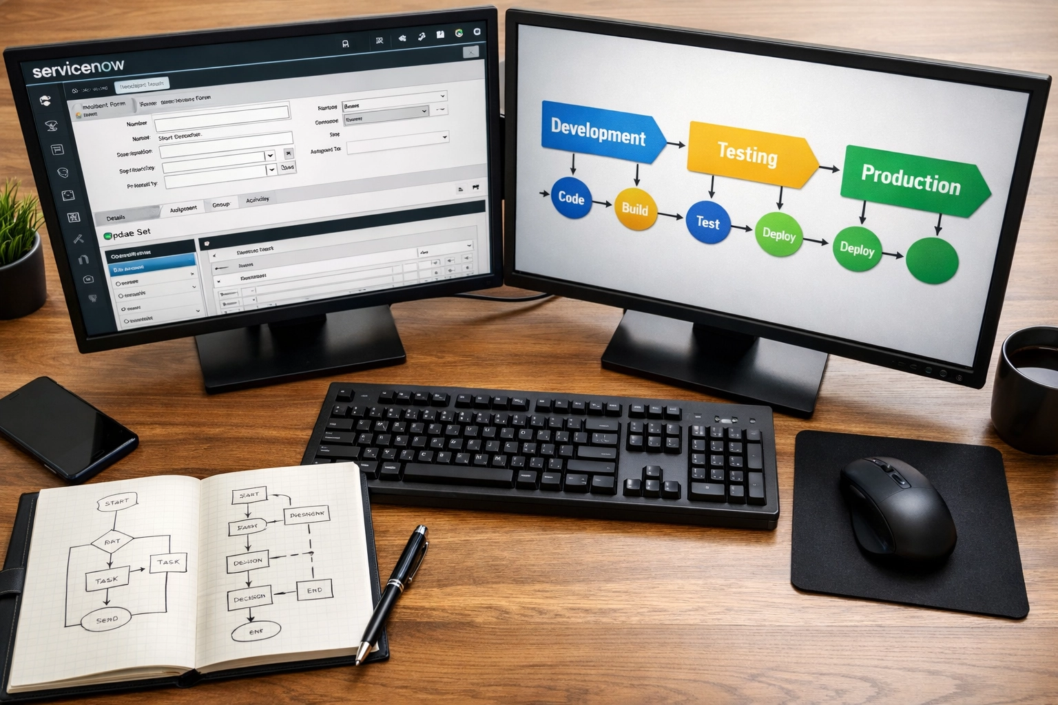 ServiceNow developer workstation showing development and testing pipeline workflow