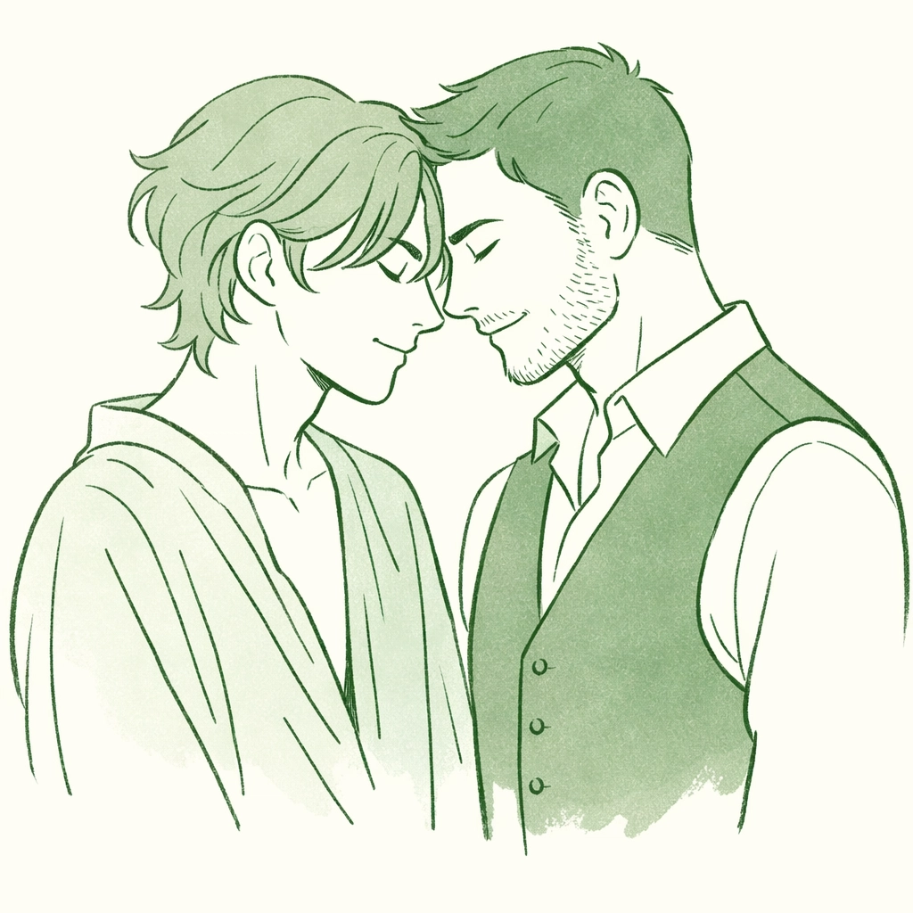 Minimalist illustration of a tender non-binary MM couple sharing a romantic moment in a gay love story.