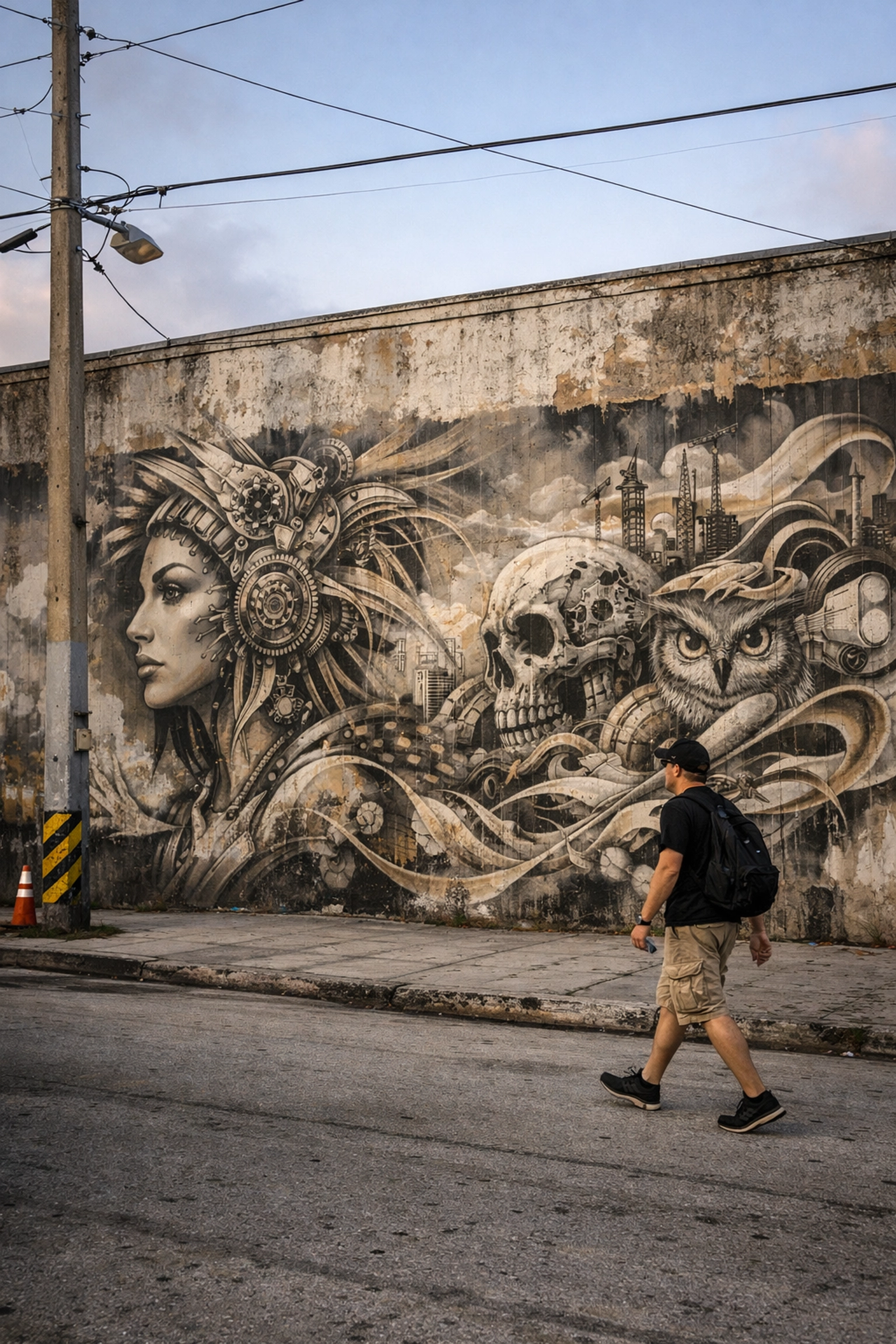 A person walking past a vibrant street art mural in Miami's Wynwood Art District at sunrise.