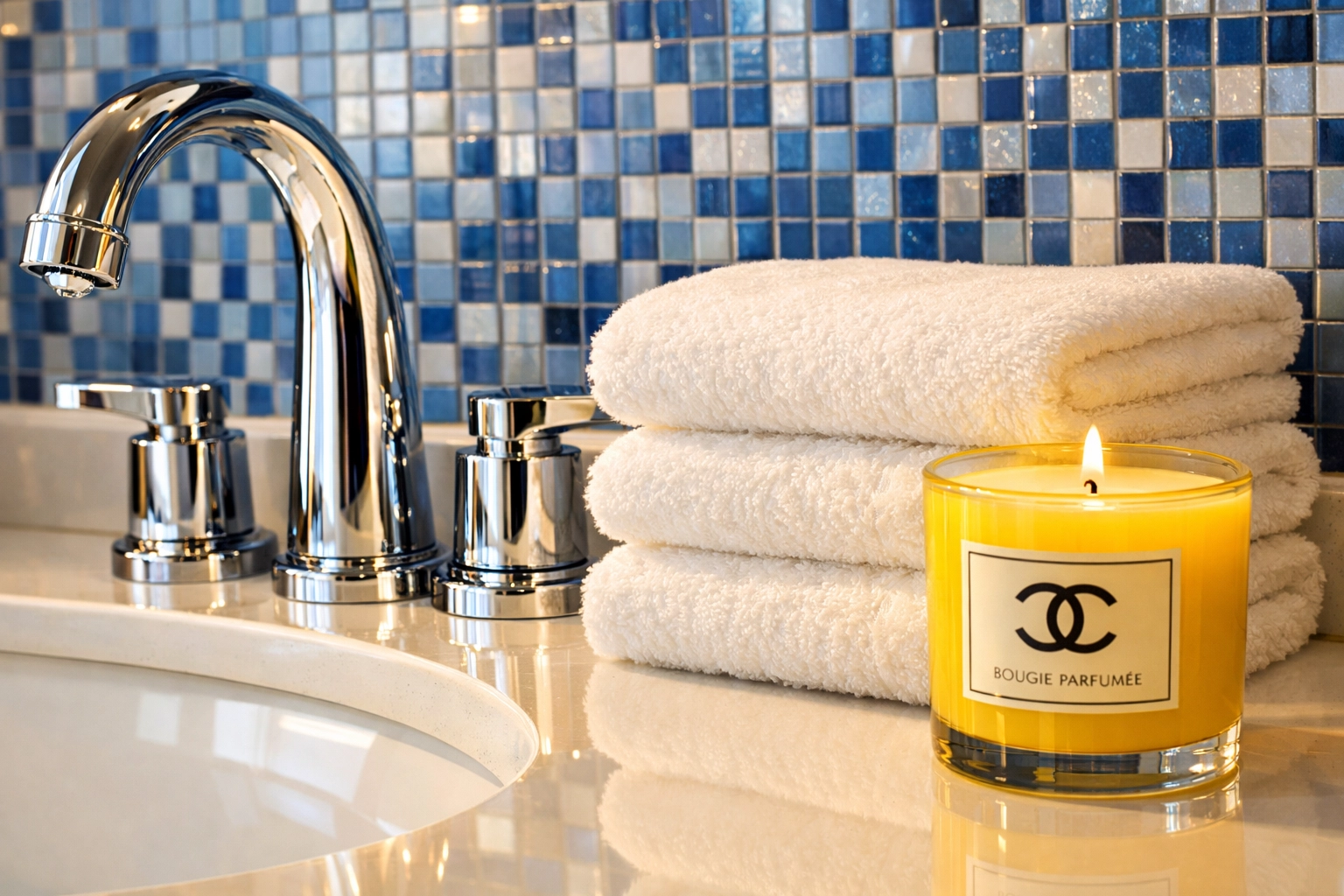 Detail of a sanitized luxury bathroom vanity showcasing professional cleaning and maintenance results.