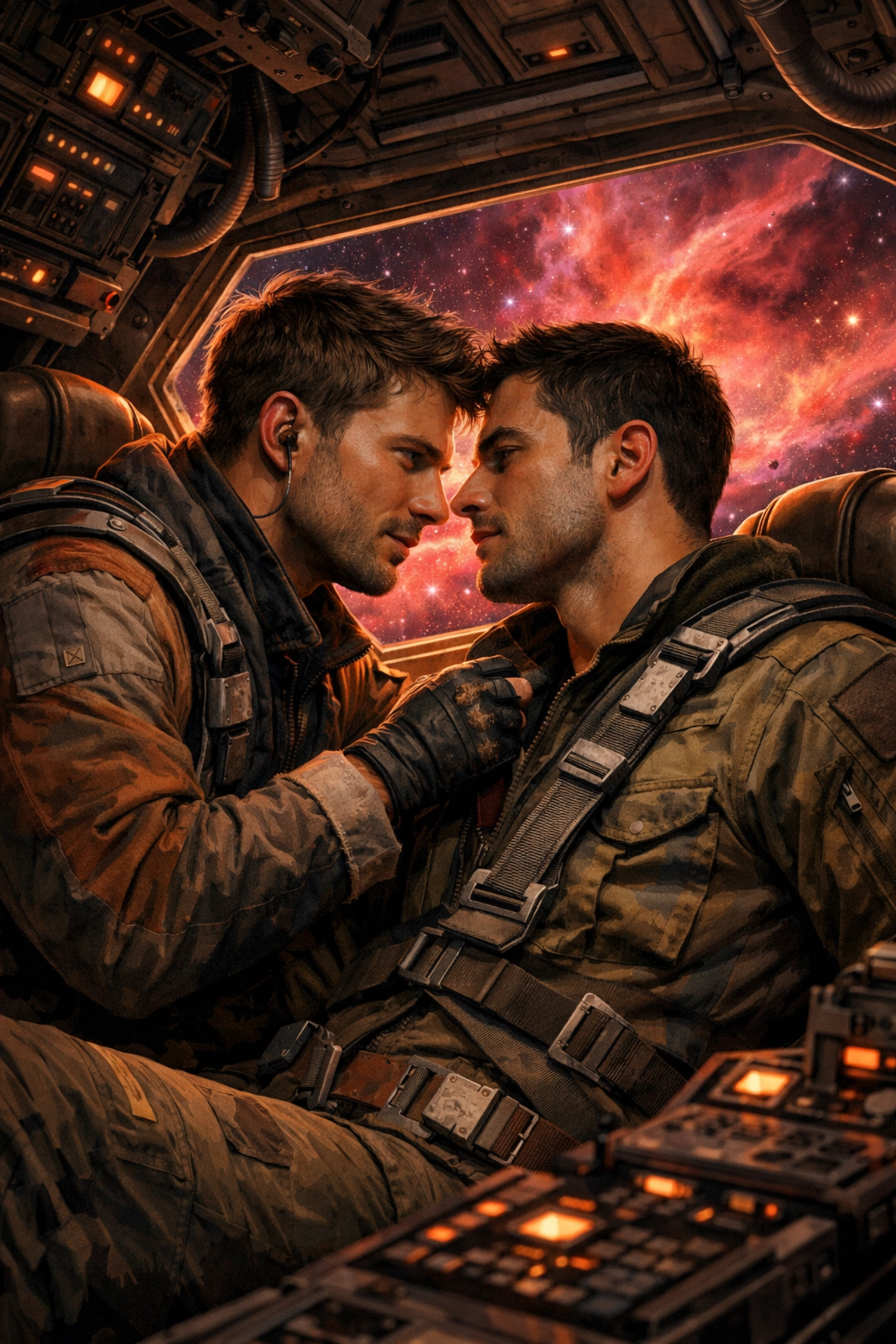 Two male sci-fi pilots in a forced proximity MM romance scene from a 2026 queer fiction novel.