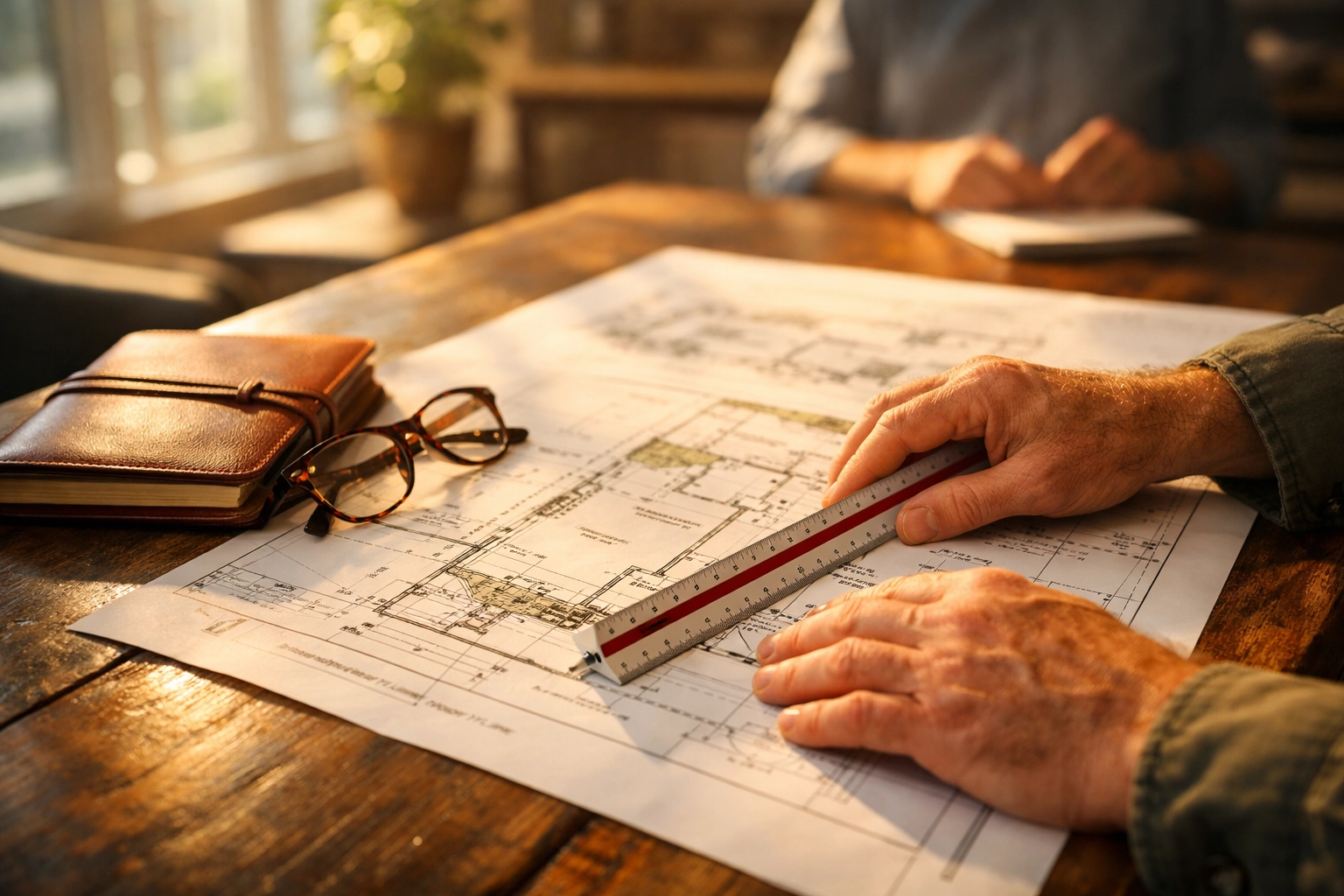 Party wall surveyor reviewing architectural plans for a legal extension agreement in West Sussex.