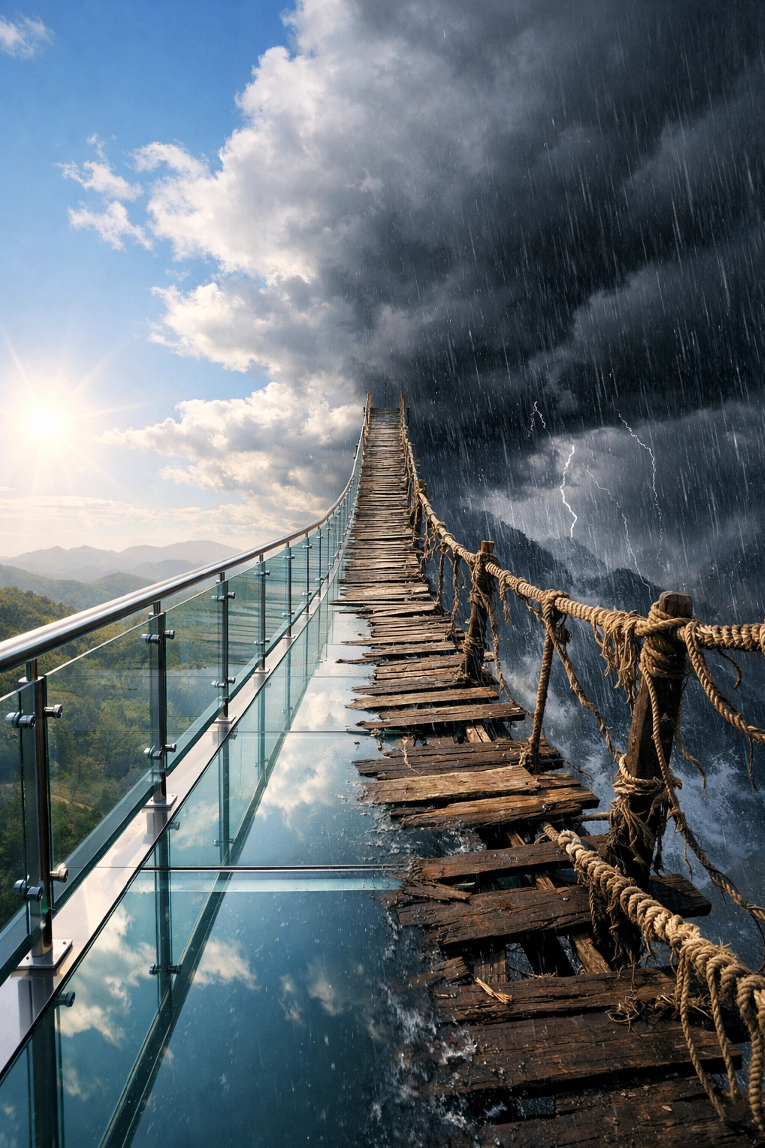 A glass bridge turning into frayed rope, illustrating operational bias in complex workflow automation strategies.
