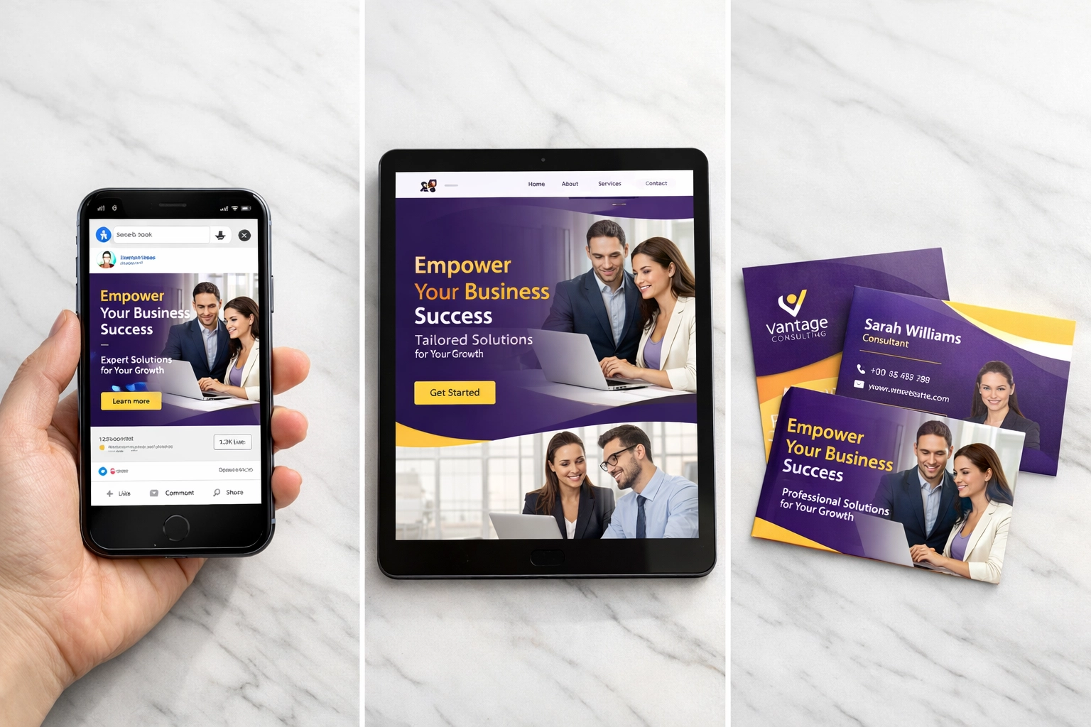 Brand consistency across marketing channels - social ads, website, and print materials unified