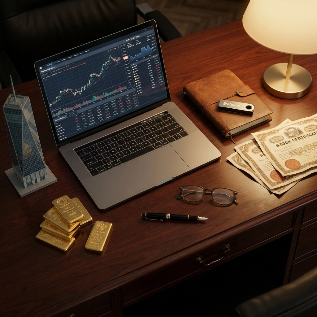Executive desk with diverse investment symbols including gold, real estate, Bitcoin, and financial charts, illustrating alternative asset allocation.