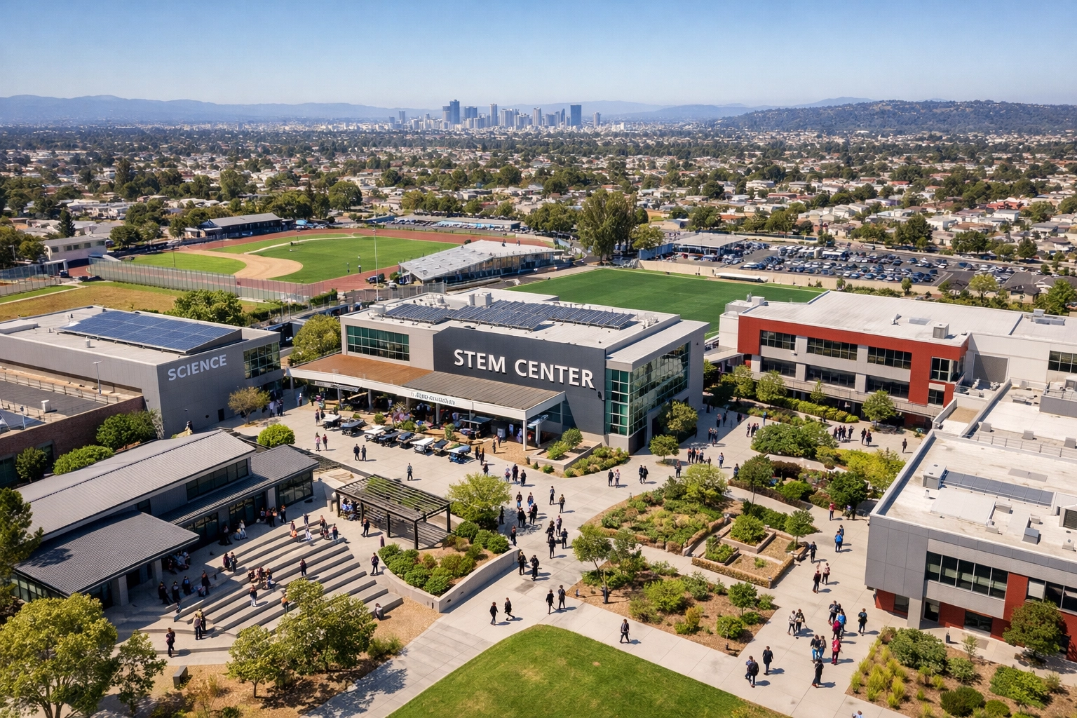 Modern high school campus with STEM facilities and outdoor learning spaces