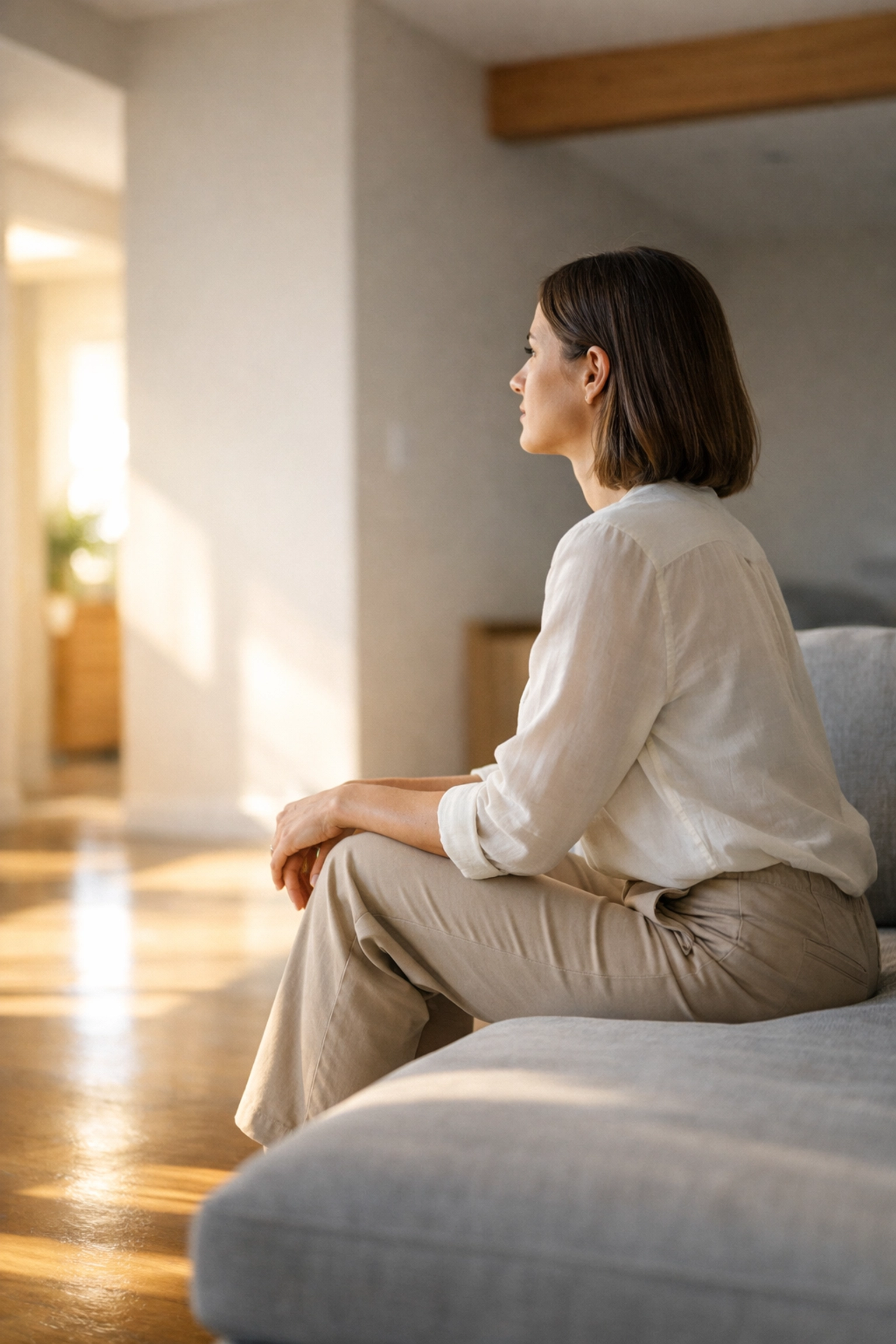 Woman on a couch starting her journey to find relief from chronic sciatica and piriformis syndrome.
