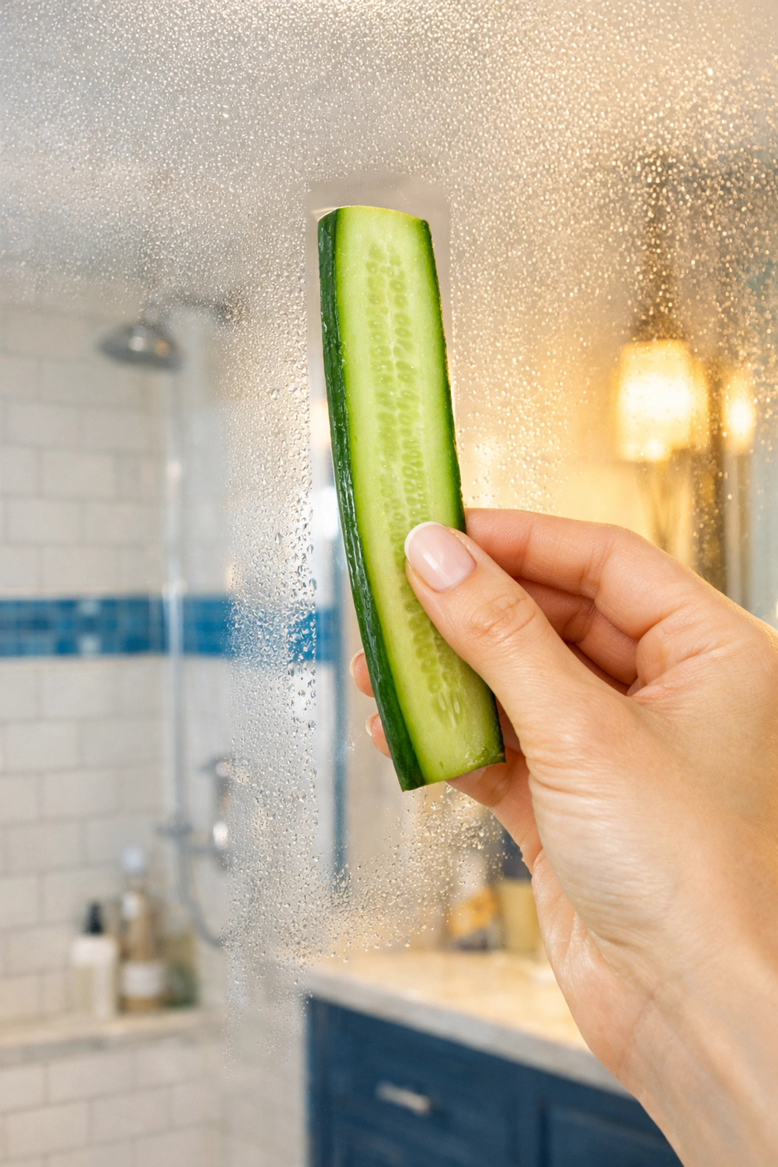 Using a cucumber slice on a bathroom mirror to create a natural water-repellent coating.