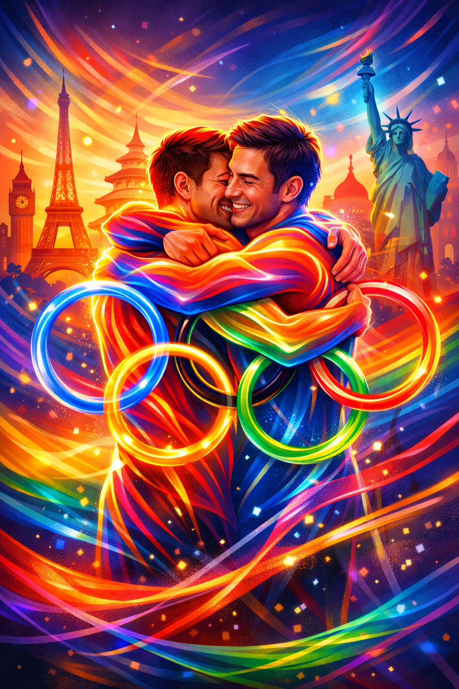 Two male athletes embrace with rainbow and Olympic symbols celebrating LGBTQ+ love